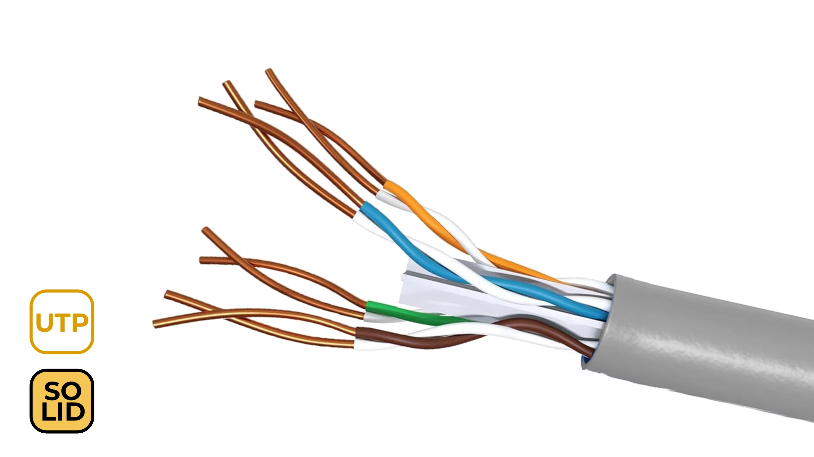 Un cable de red gris, cortado para mostrar los cables de colores. Texto UTP, SOLID.