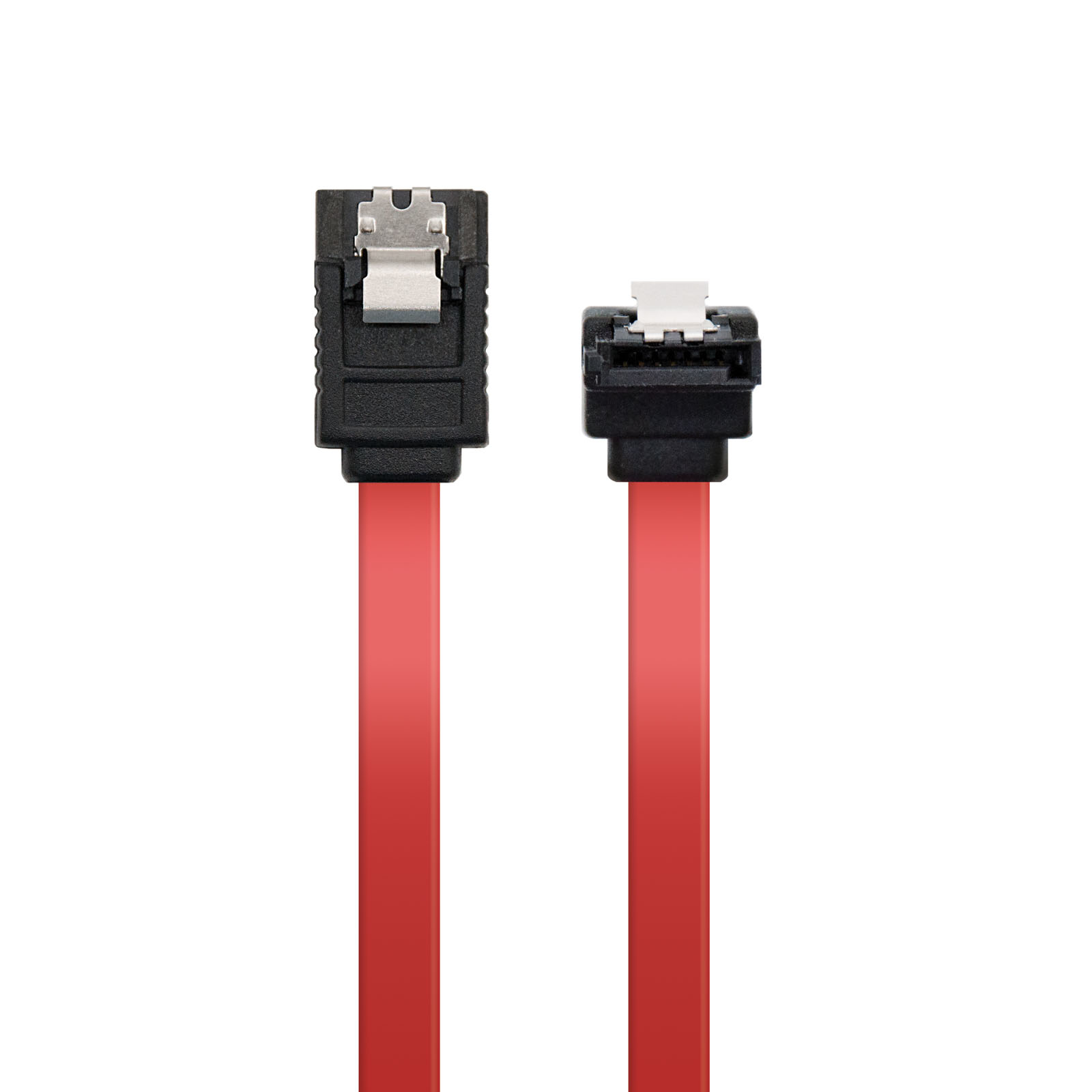Dos cables de datos SATA rojos con conectores negros sobre fondo blanco.