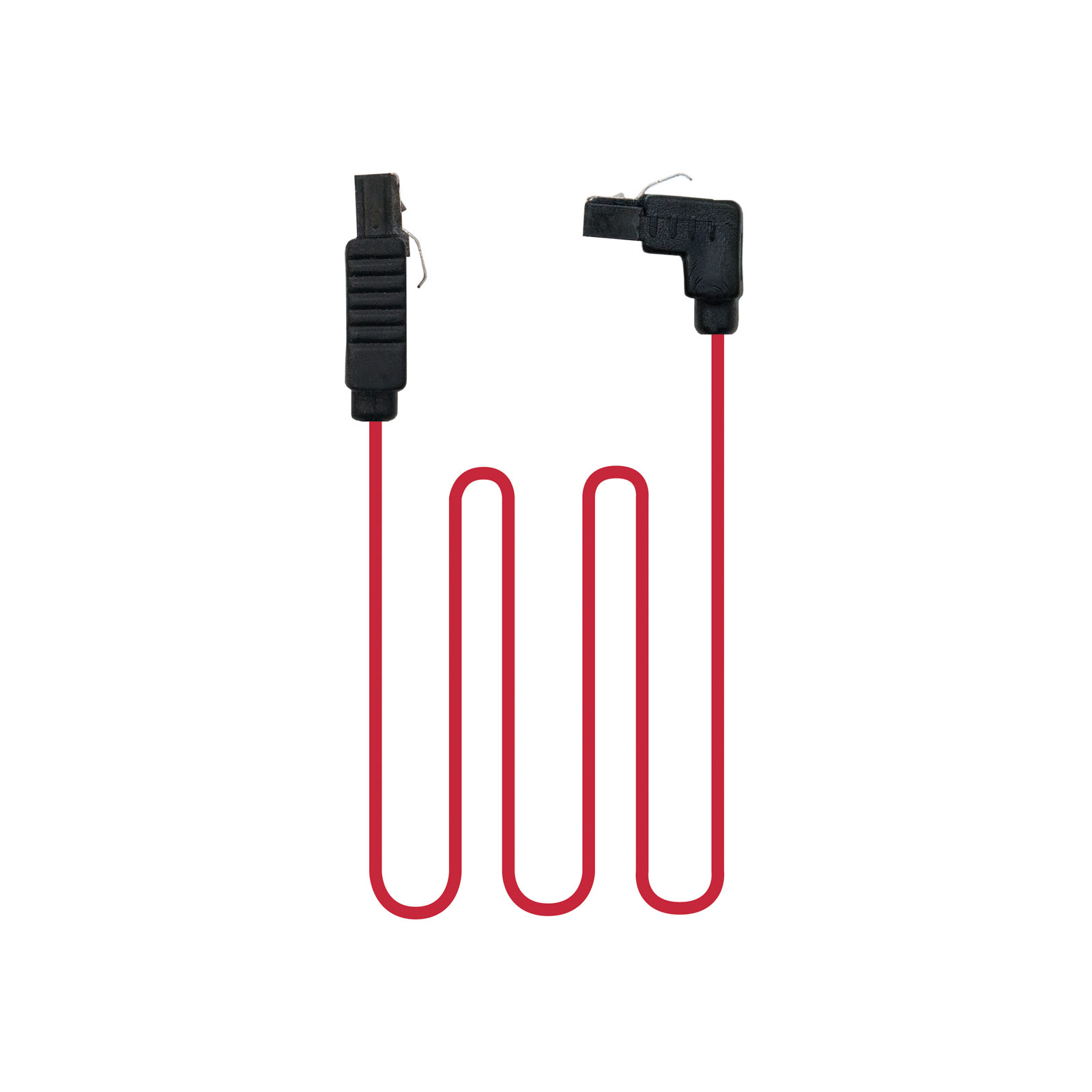 Cable rojo con conectores negros en zigzag sobre fondo blanco.
