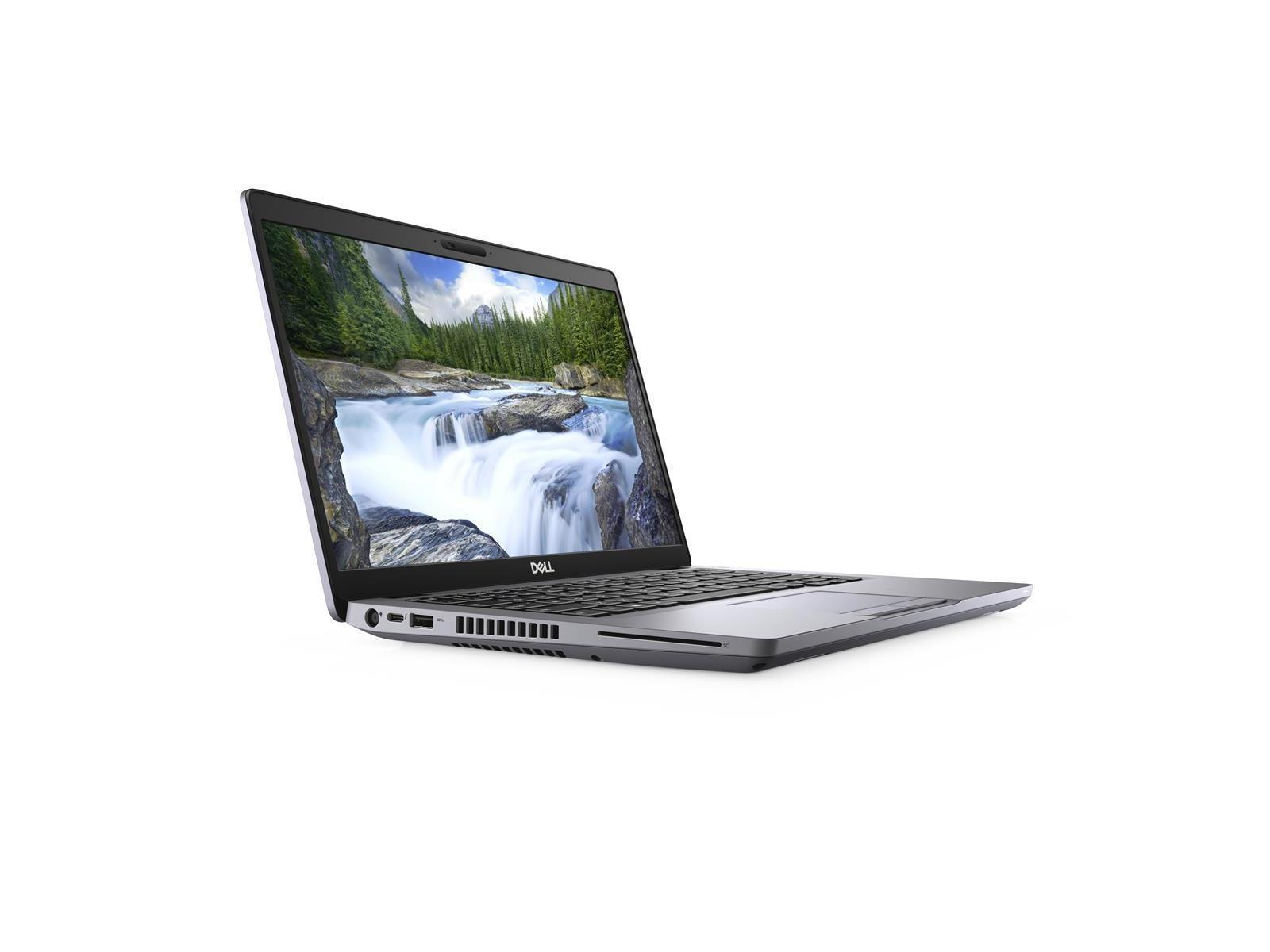 Laptop auf Weiß. Der Bildschirm zeigt einen Wasserfall. Der Laptop ist grau und schwarz.