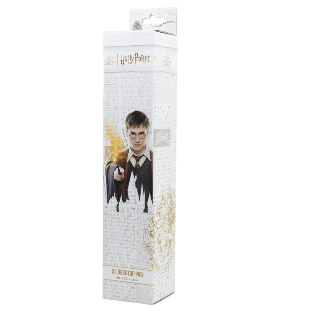 Caja rectangular con imagen de Harry Potter. Muestra a Harry con una varita. 'XL DESKTOP PAD'.