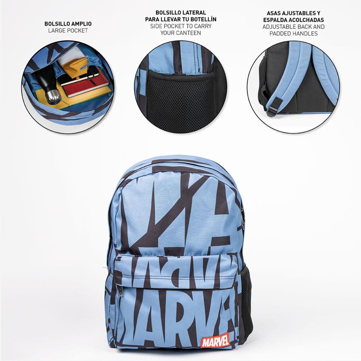 Mochila azul con diseño de Marvel. Bolsillo grande, lateral y asas acolchadas.