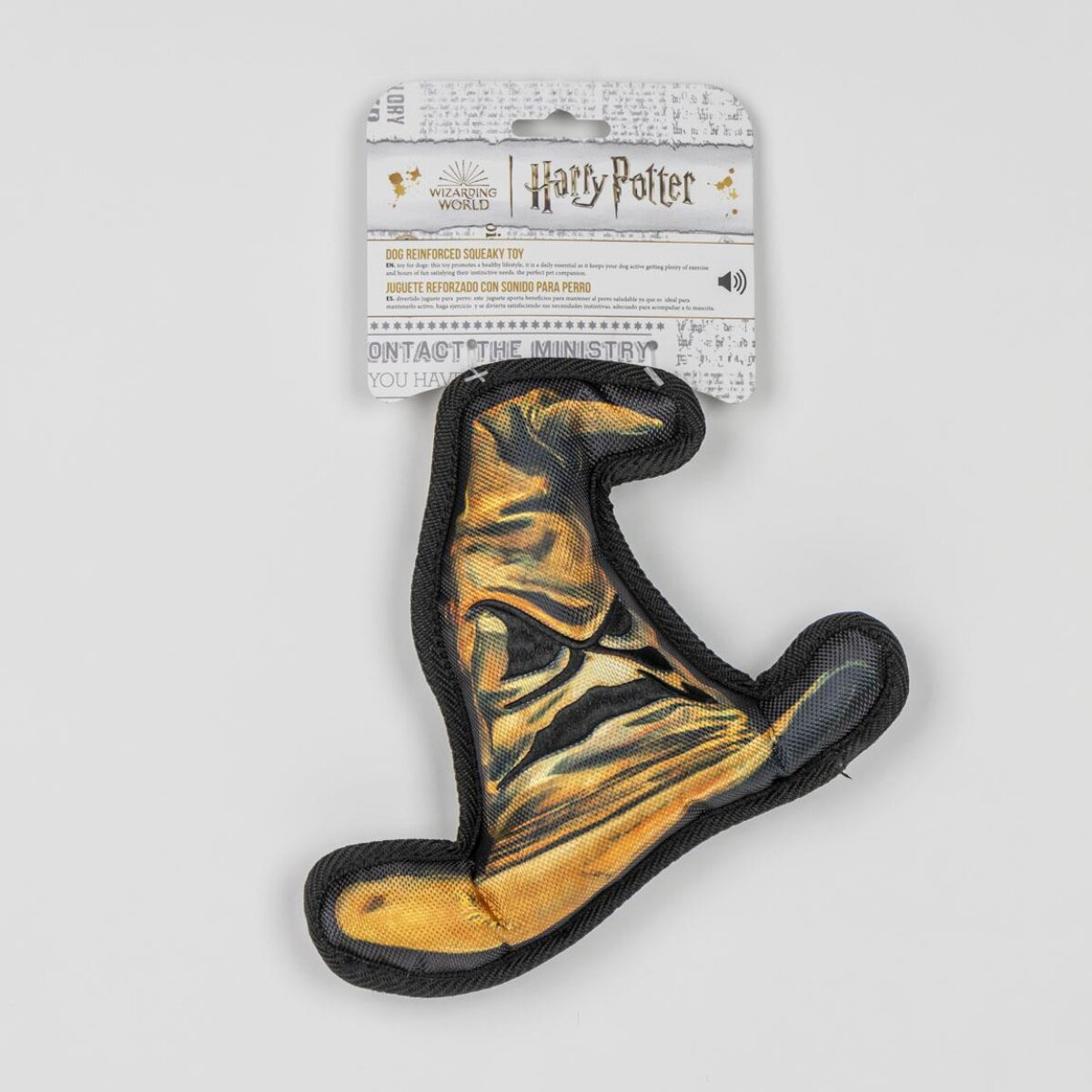 Harry Potter Hundespielzeug. Schwarz-goldener Hut. Text: 'DOG REINFORCED SQUEAKY TOY'.