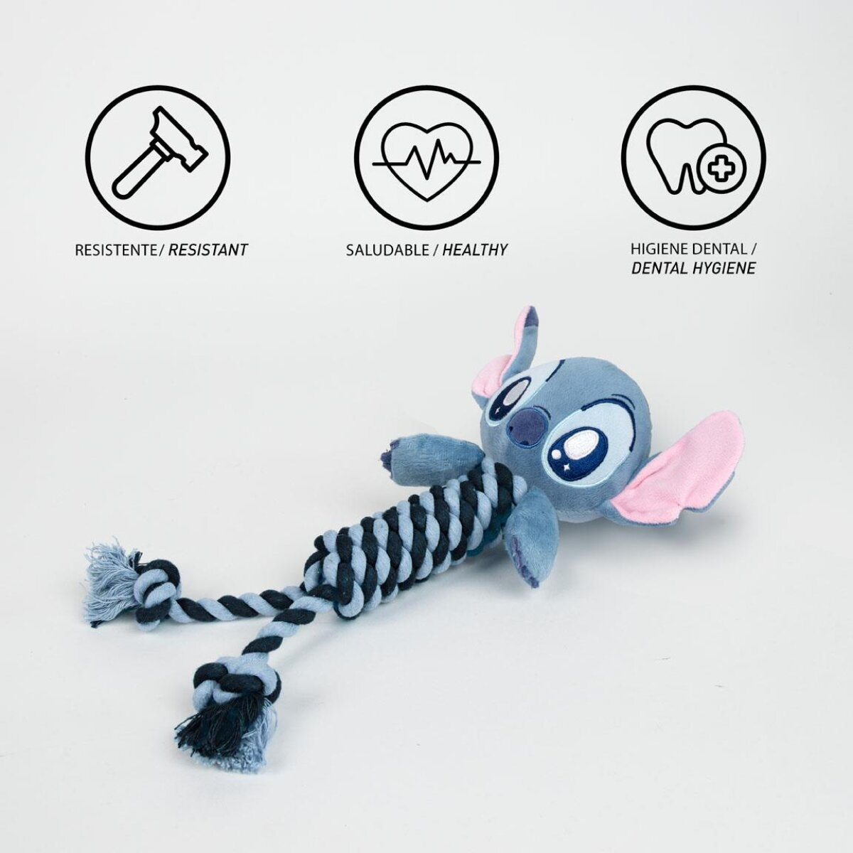 Stitch Hunde Spielzeug mit Seil. Drei Icons: Hammer, Herzschlag, Zahn mit Pluszeichen.