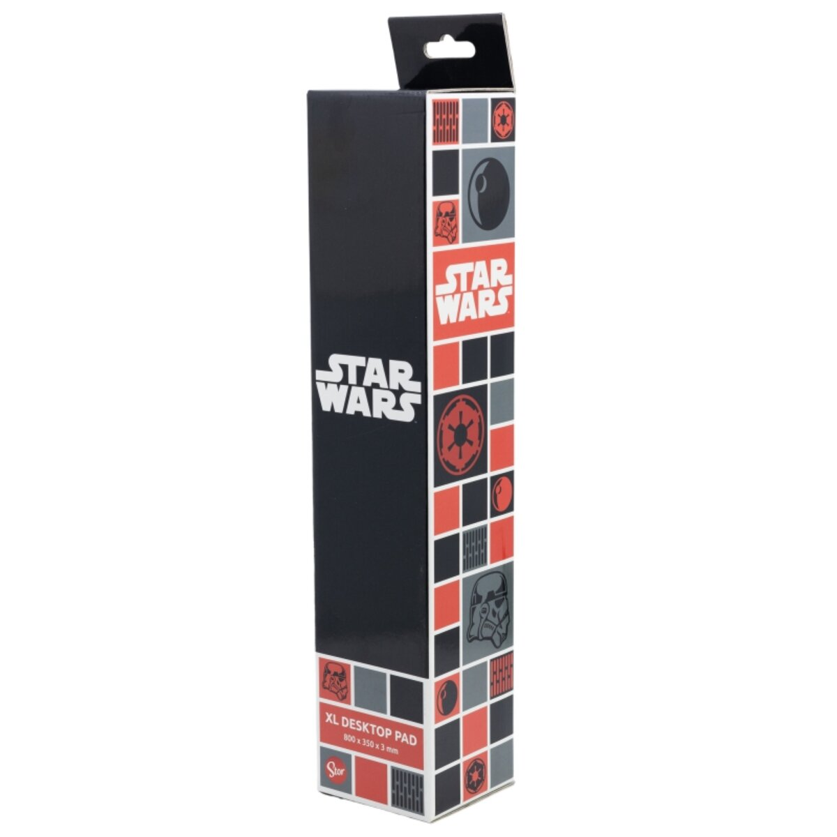 Caja rectangular alta con diseño de Star Wars. Negro con cuadrados rojos, blancos y grises.