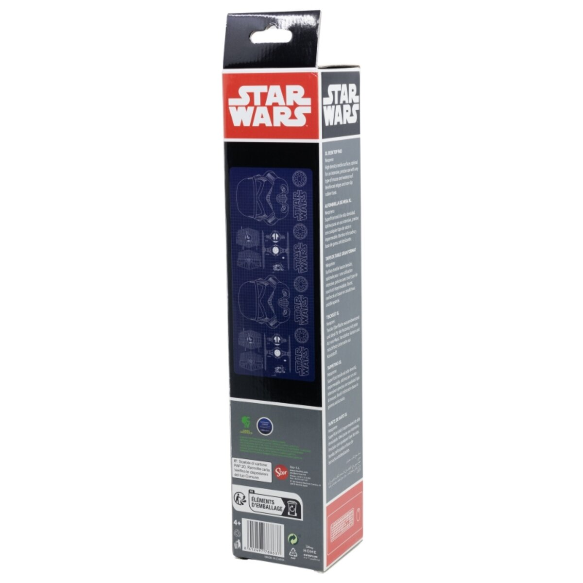 Caja alta de Star Wars con diagramas y texto. Colores negro y rojo.