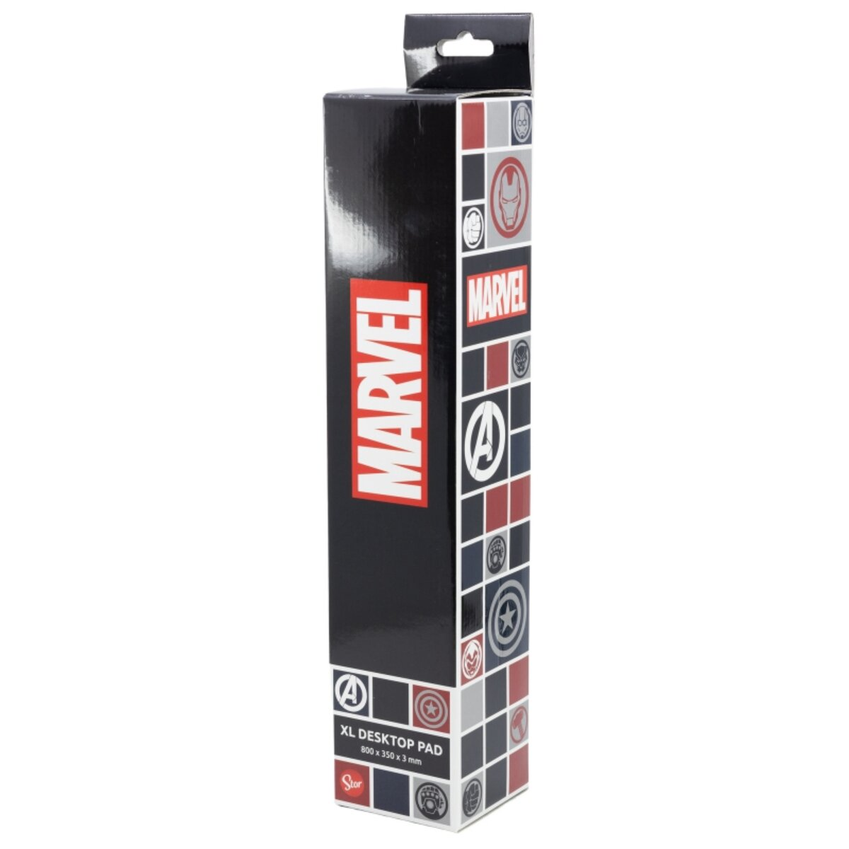 Caja rectangular alta con diseño de Marvel. Texto Marvel rojo. Cuadrados con logos Marvel.