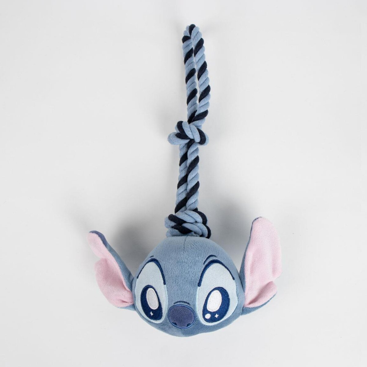 Stitch Hunde Spielzeug mit Seil. Stitchs Gesicht blau mit rosa Ohren. Seil blau-schwarz.