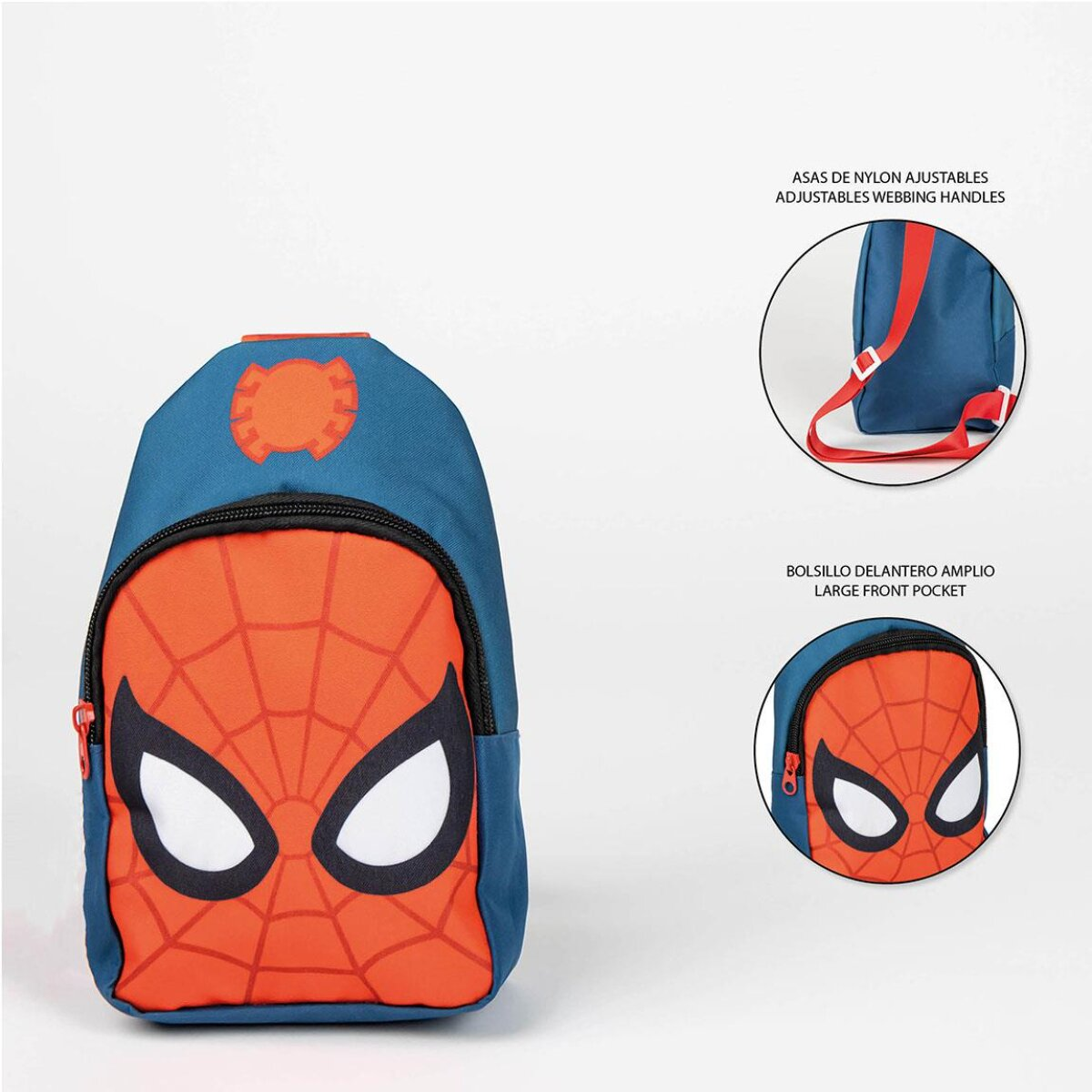 Spiderman-Rucksack mit Front- und Seitentaschen. Rote und blaue Farben.