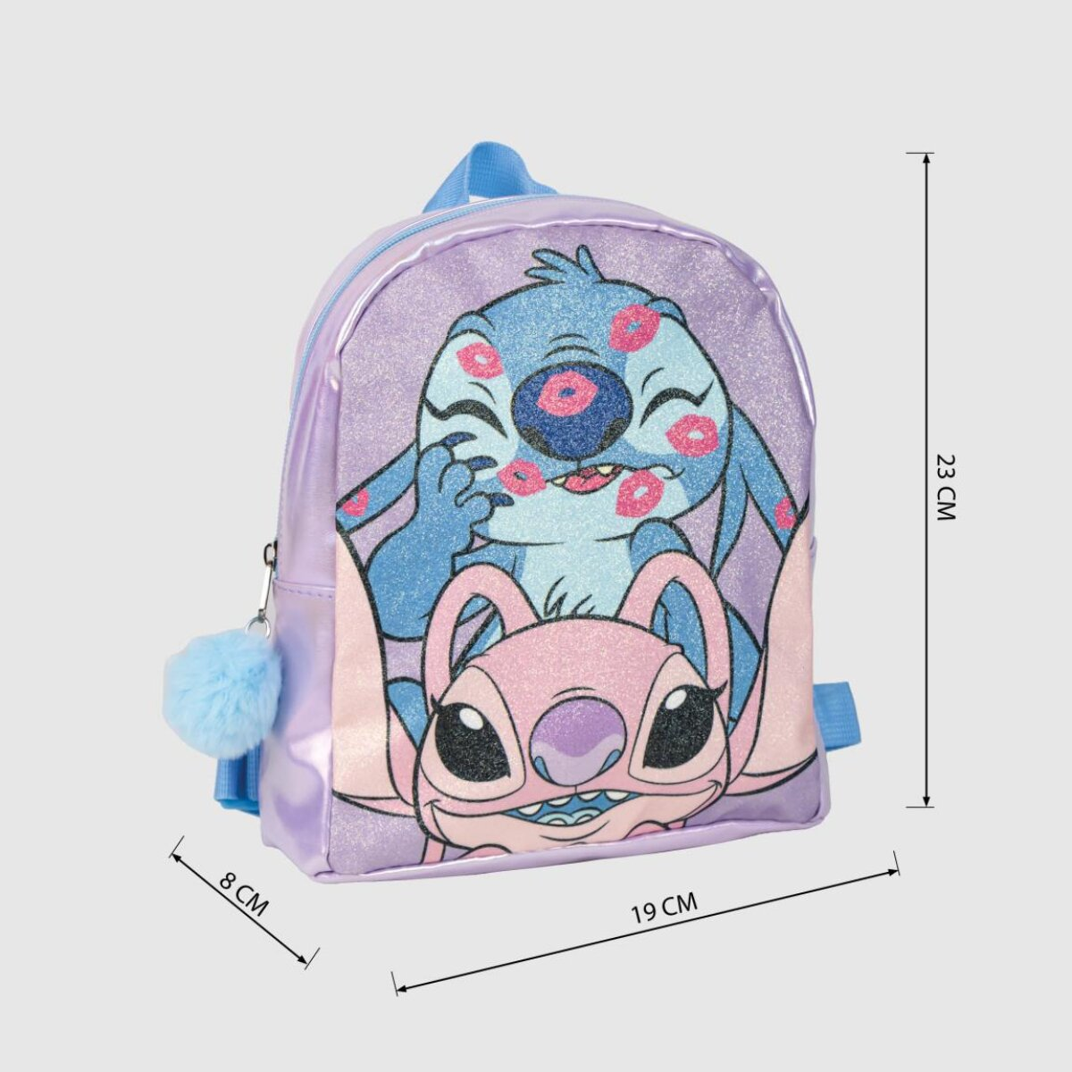 Mochila de Stitch y Angel. Púrpura, azul, rosa y blanco con dimensiones mostradas.