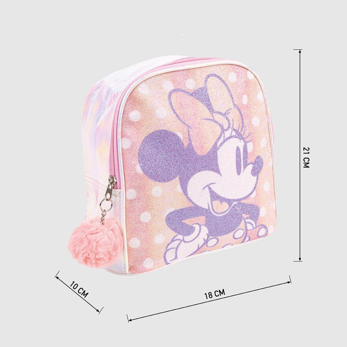 Minnie Mouse Rucksack. Rosa, weiß und lila Design mit Bommel und Tupfen.