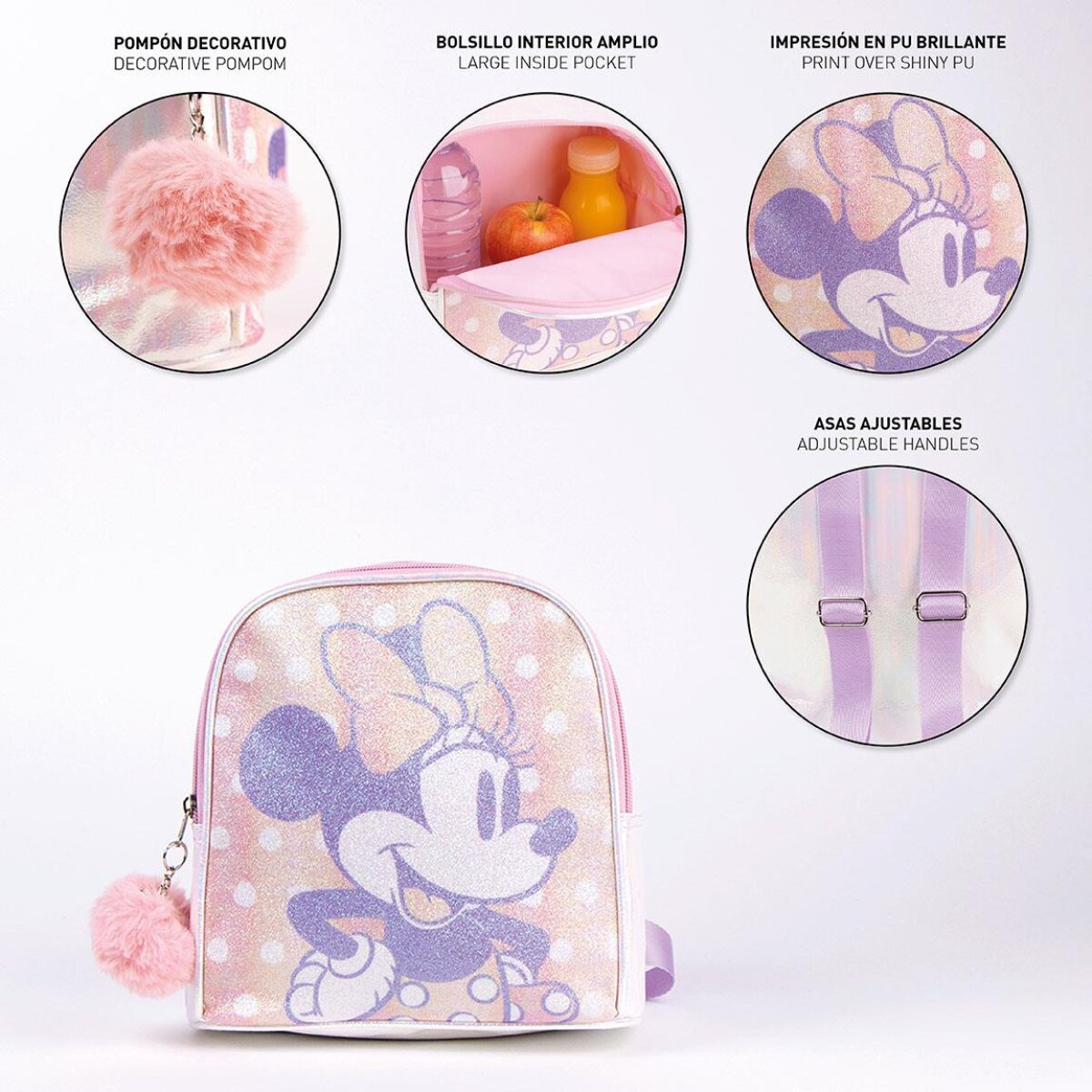 Rosa Minnie Mouse Rucksack mit Bommel, Innentasche und verstellbaren Griffen. Weißer Hg.