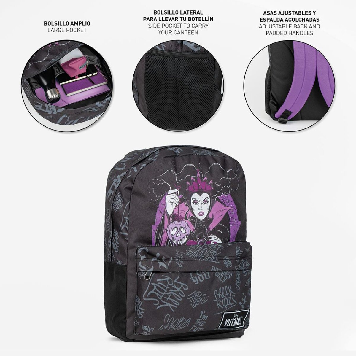 Mochila con diseño de villano, detalles morados y múltiples bolsillos. Sobre fondo blanco.