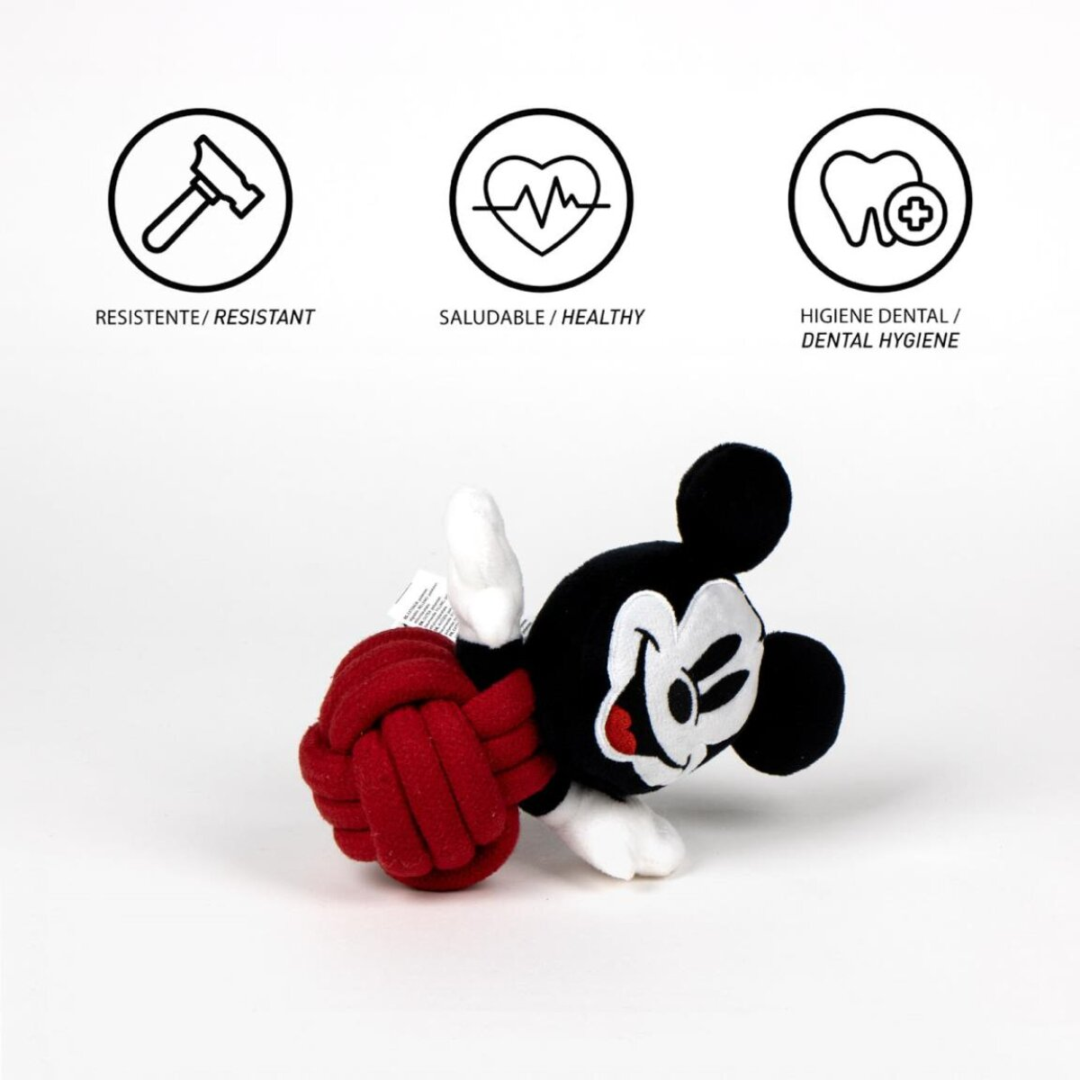 Peluche di Mickey Mouse con corda rossa, dettagli in bianco e nero e icone. Su bianco.