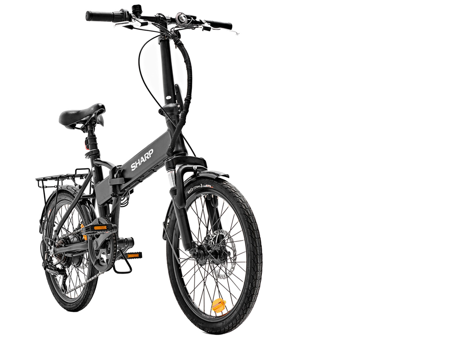 Ein schwarzes Elektrofahrrad mit schwarzem Sattel, schwarzen Reifen und schwarzem Rahmen.
