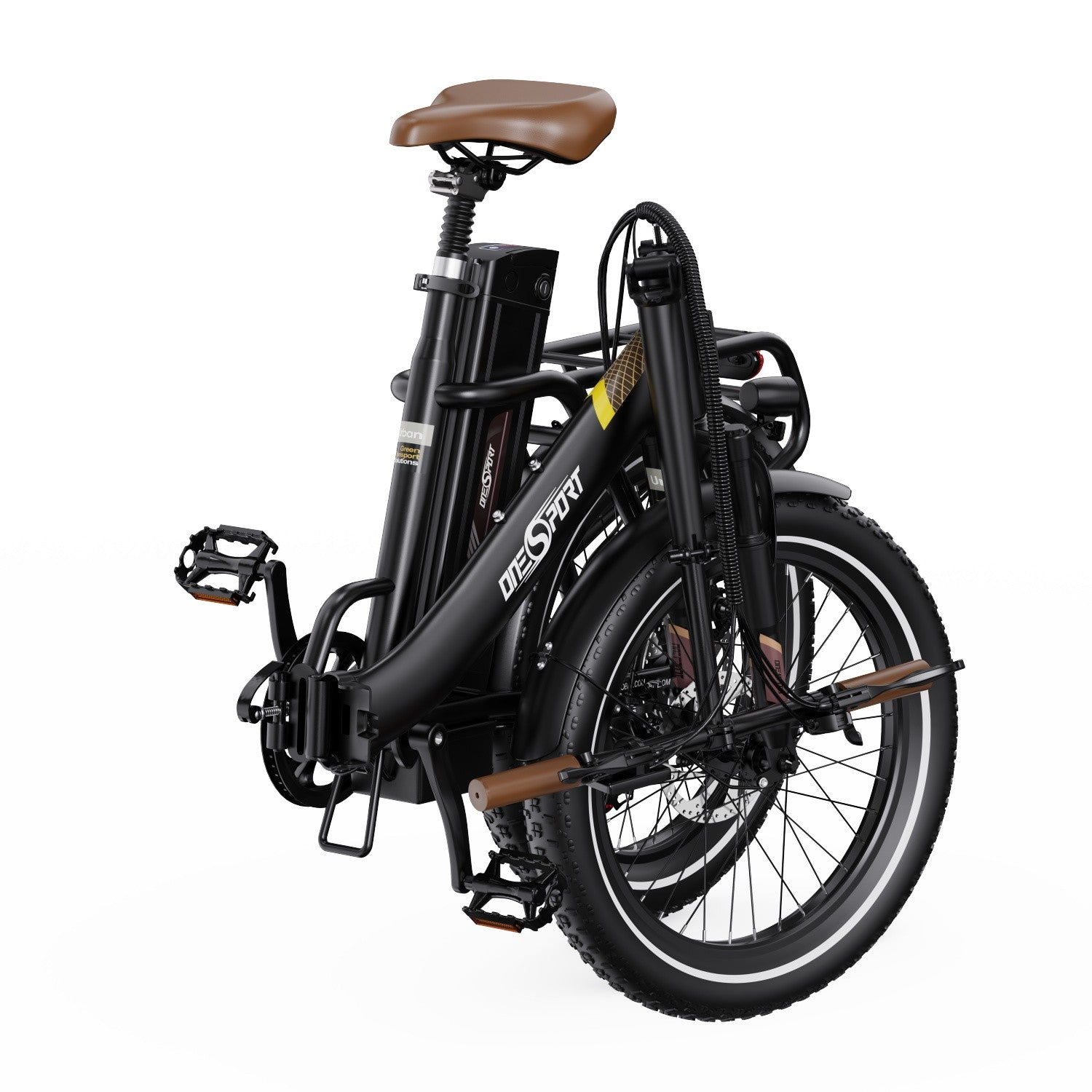 Una bicicleta eléctrica negra plegada con manillar y asiento marrones. Las ruedas están plegadas juntas.