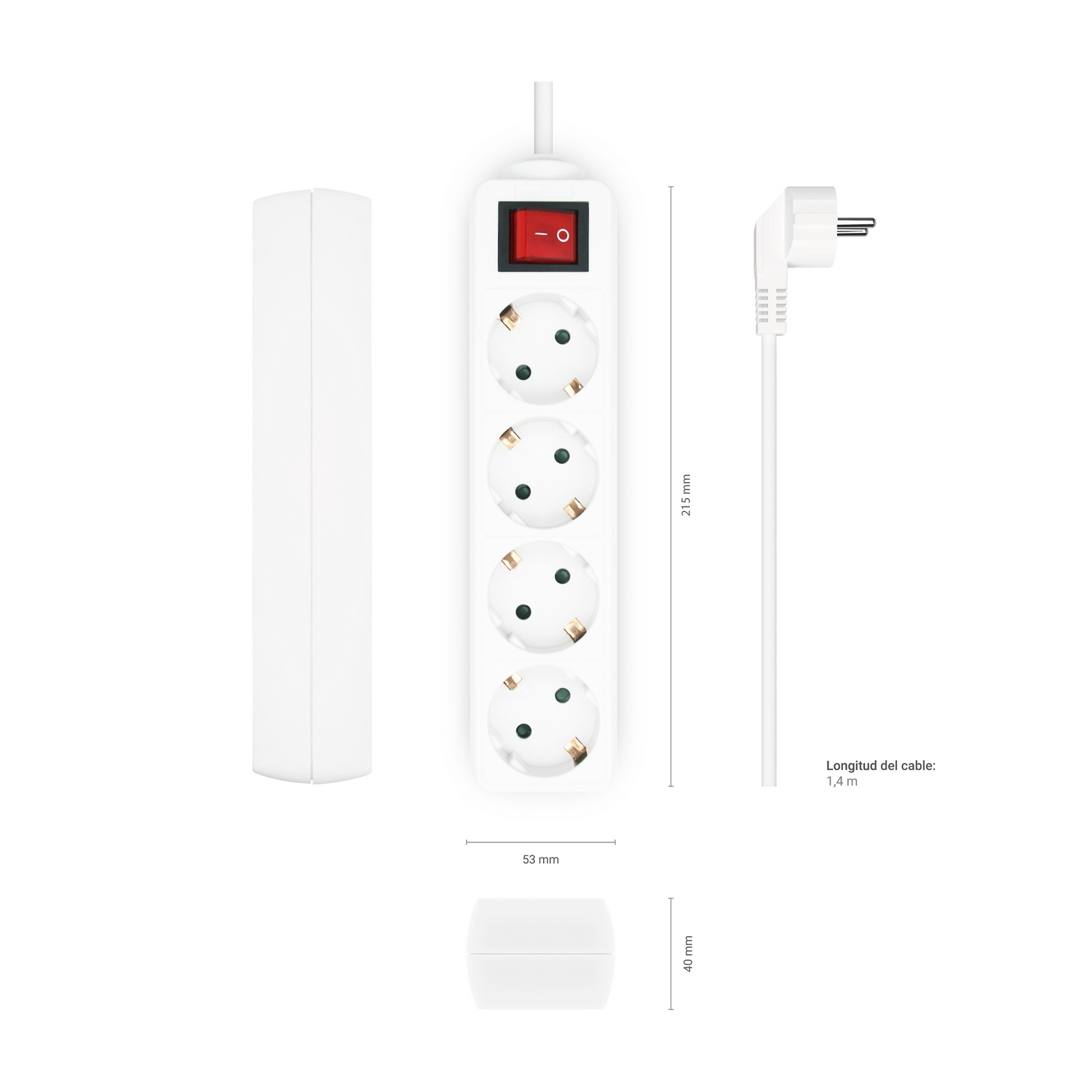 Una regleta blanca con cuatro enchufes, un interruptor rojo y un cable de alimentación blanco.