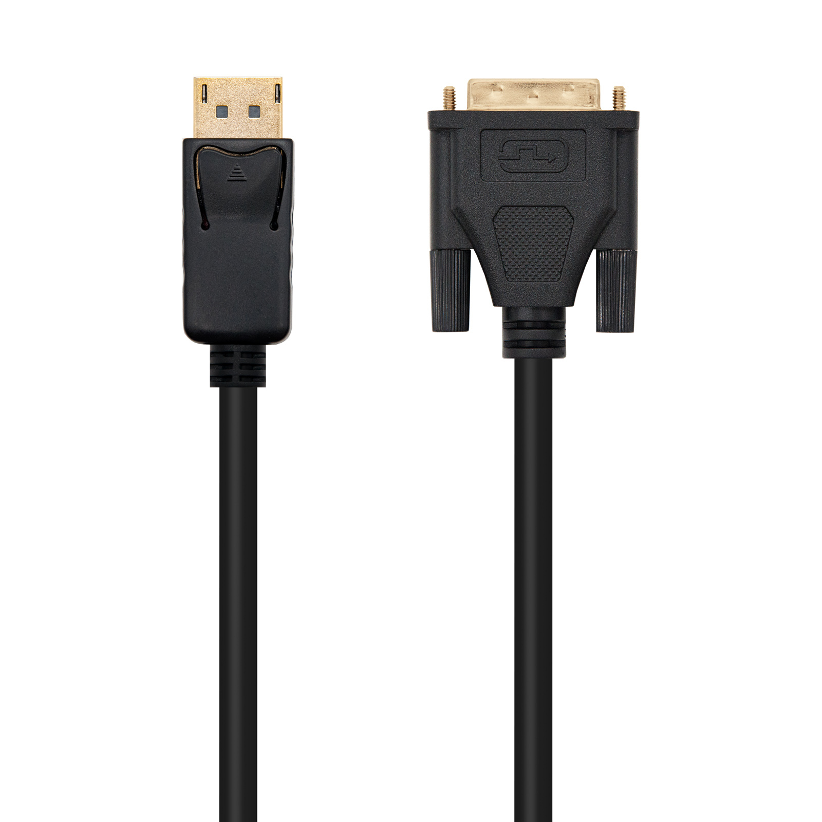 Cable negro con conectores DisplayPort y DVI. Aislado sobre fondo blanco.