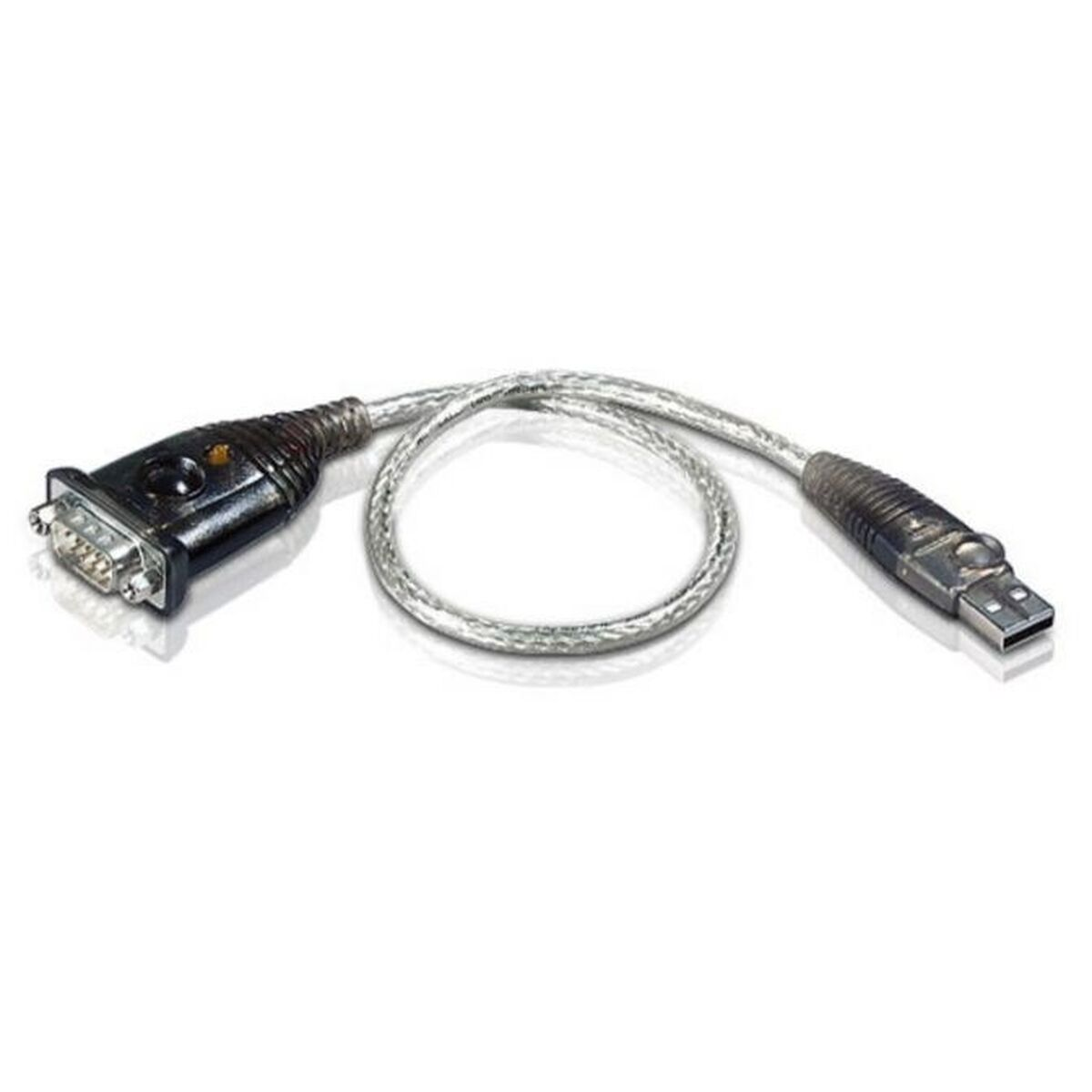 Adattatore da USB a seriale, connettori neri e argento, cavo bianco, sfondo bianco.