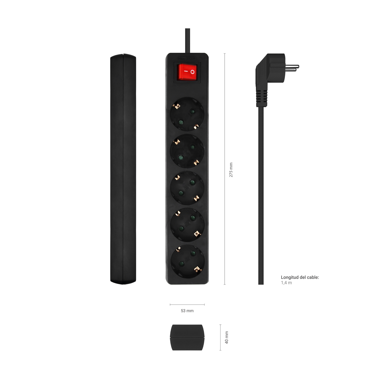 Una regleta negra con cinco enchufes, un interruptor de encendido/apagado rojo y un cable de alimentación negro sobre fondo blanco.