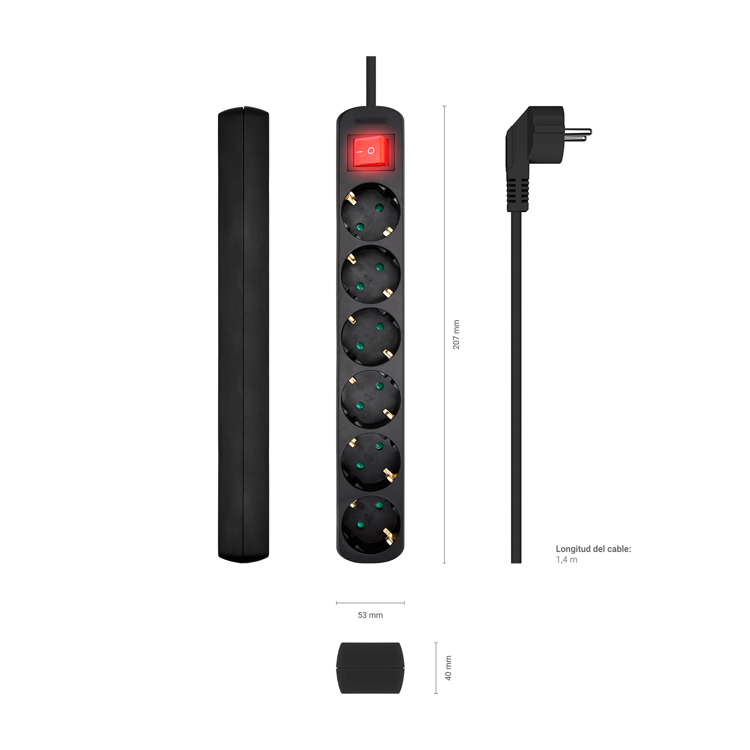 Una regleta negra con seis enchufes, un interruptor de encendido/apagado rojo y un cable de alimentación negro sobre fondo blanco.
