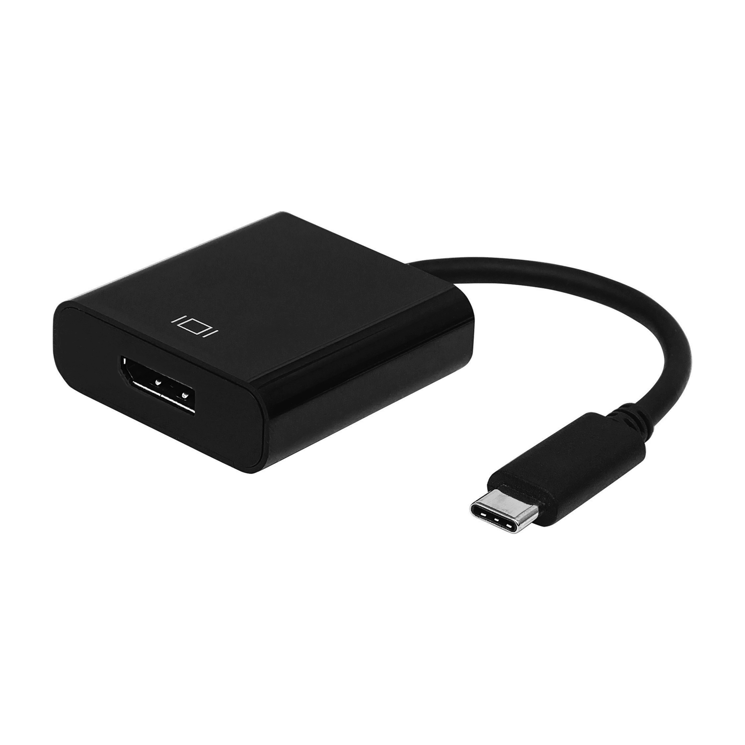 Adattatore nero da HDMI a USB-C. Un lato ha una porta HDMI, l'altro un connettore USB-C, con un cavo nero.