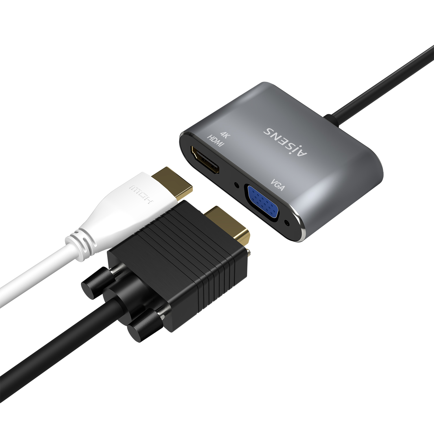 Adaptador gris con puertos HDMI, VGA y USB-C. Cables conectados. Fondo blanco.