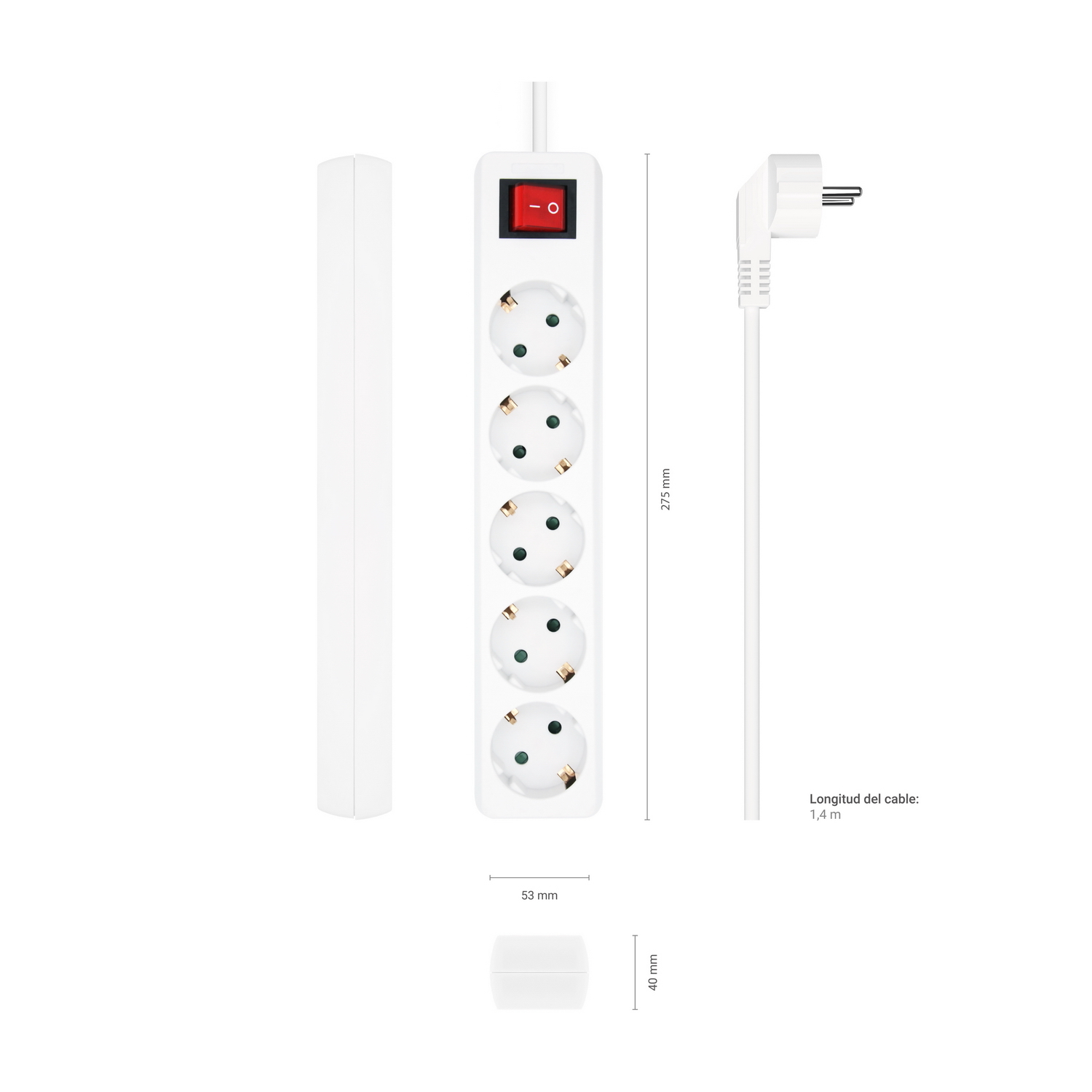 Una regleta blanca con cinco enchufes, dimensiones y un interruptor rojo. Fondo blanco.