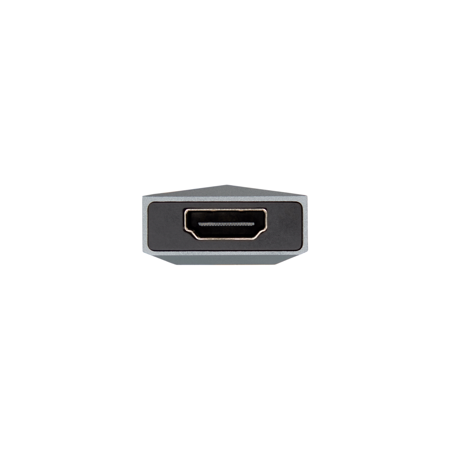 Primer plano de un adaptador HDMI plateado con puerto hembra.