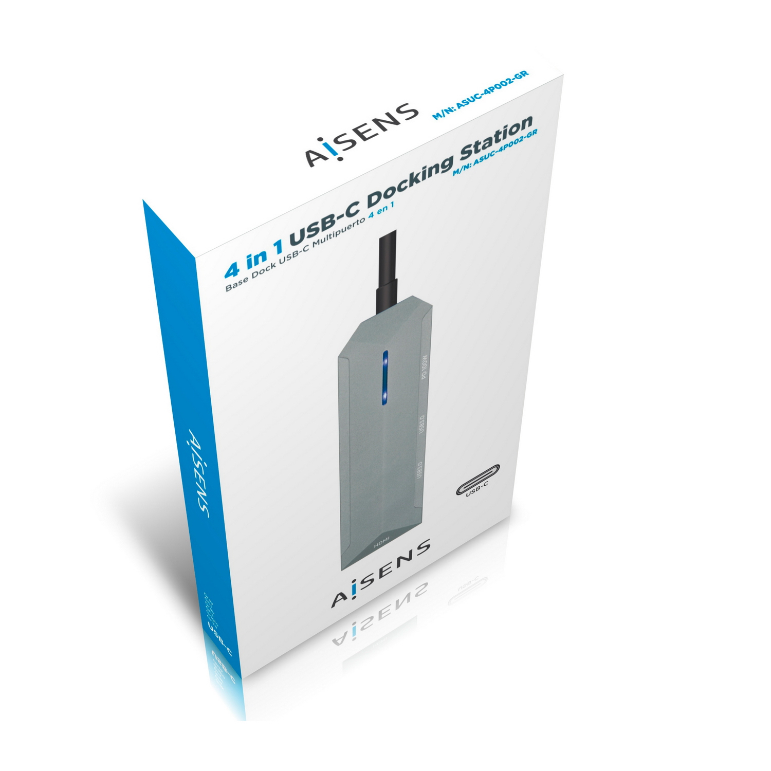 Estación de acoplamiento USB-C 4 en 1 en una caja, con puertos USB, HDMI y de suministro de energía.