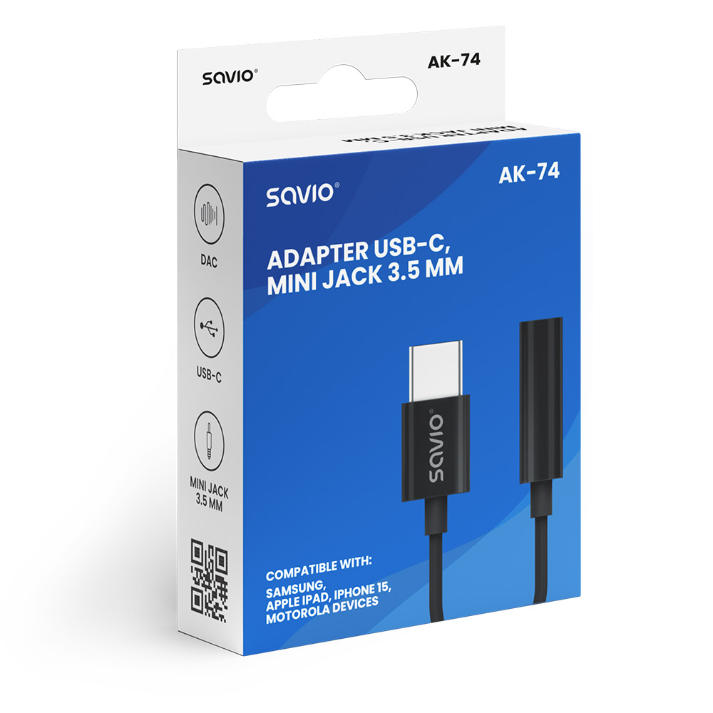 Adaptador Savio USB-C, MINI JACK 3.5 MM en su caja, compatible con múltiples dispositivos.