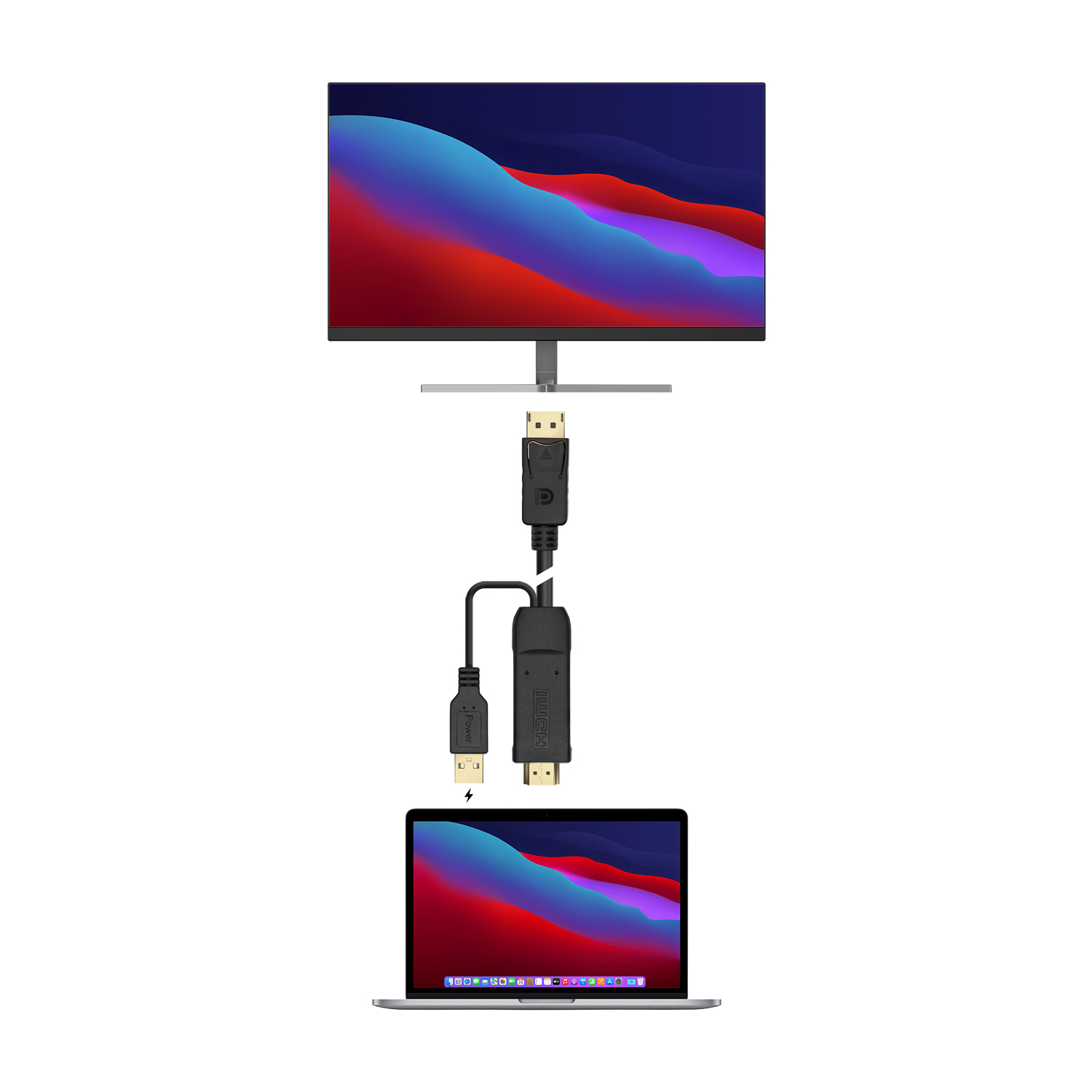 Ordenador portátil conectado a un monitor mediante un cable y adaptador negro.