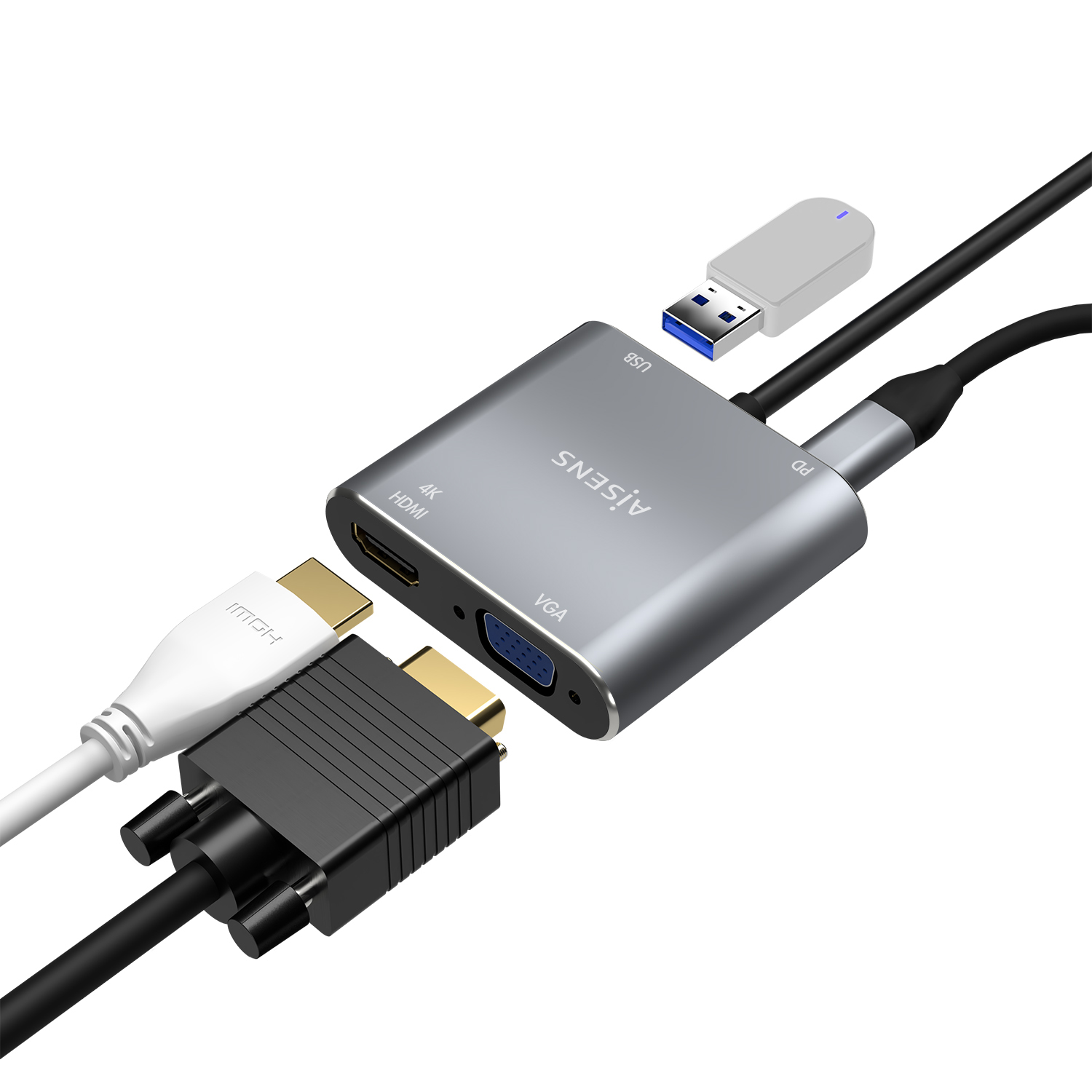 Adaptador gris Aisens con puertos HDMI, VGA y USB conectados por cables blancos y negros y una unidad USB plateada.