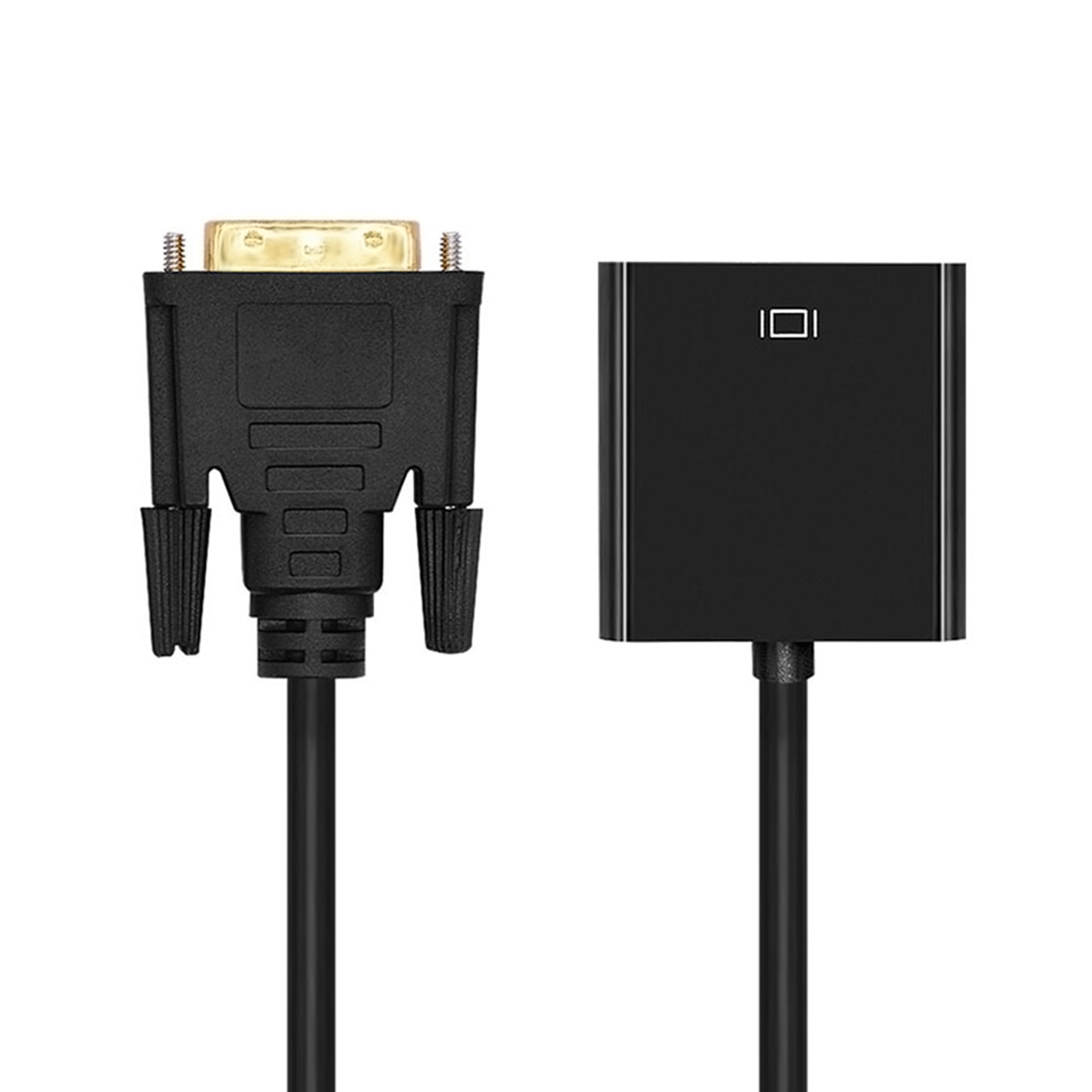Conector VGA negro a la izquierda de un adaptador negro, aislado sobre un fondo blanco.