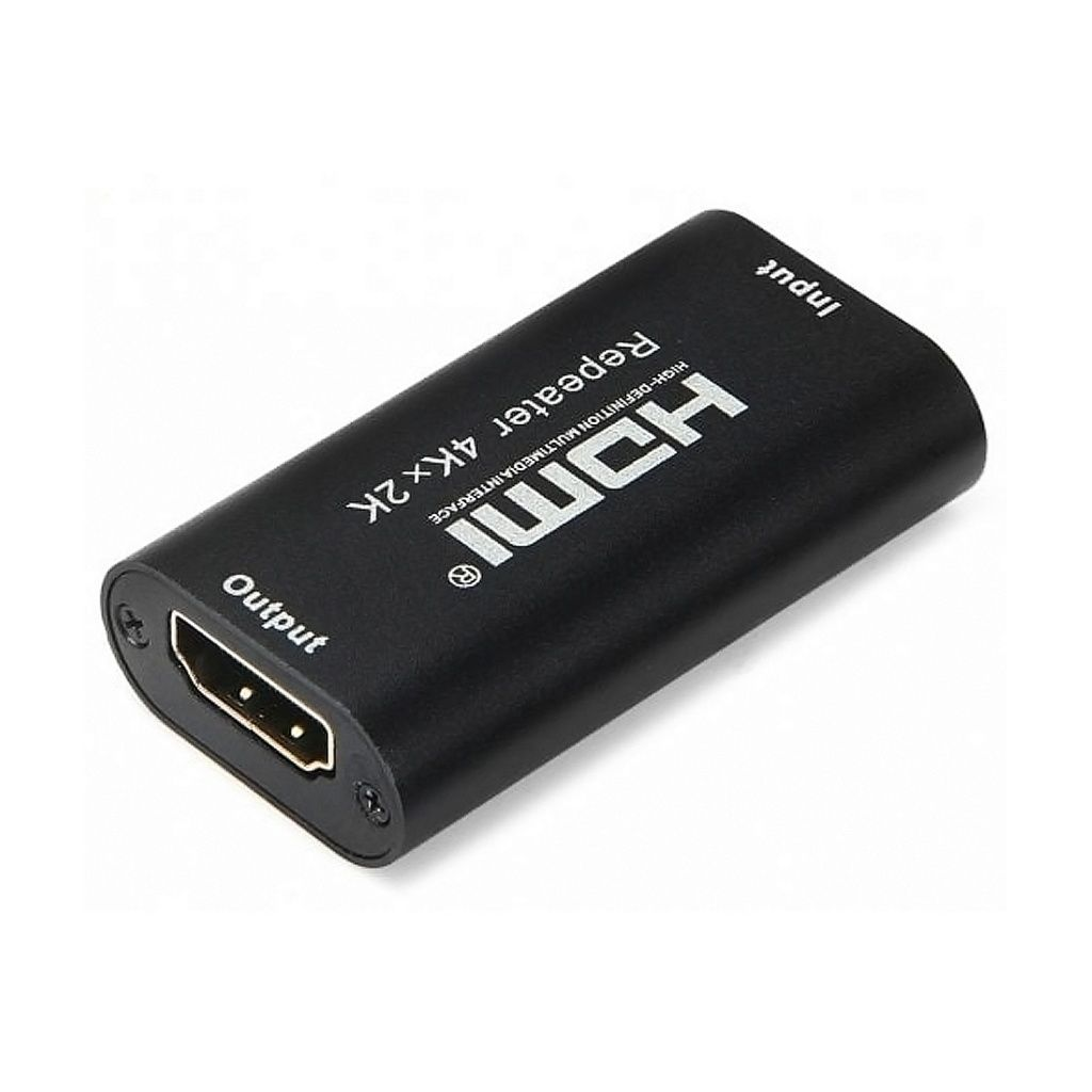 Repetidor HDMI negro con etiquetas 'Input' y 'Output', aislado sobre un fondo blanco.
