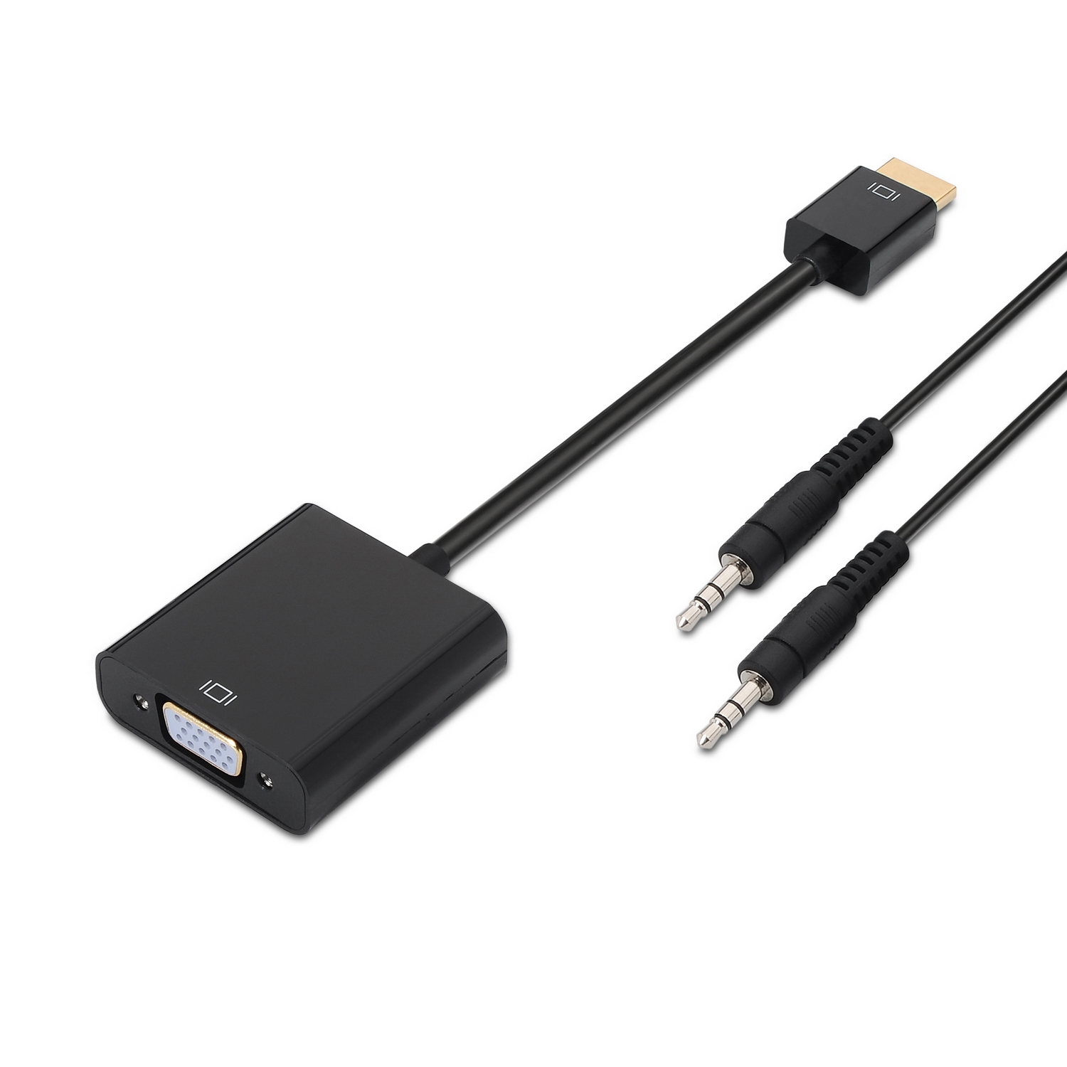 Adaptador negro con conectores VGA y HDMI más dos cables de conector de audio, aislado sobre blanco.