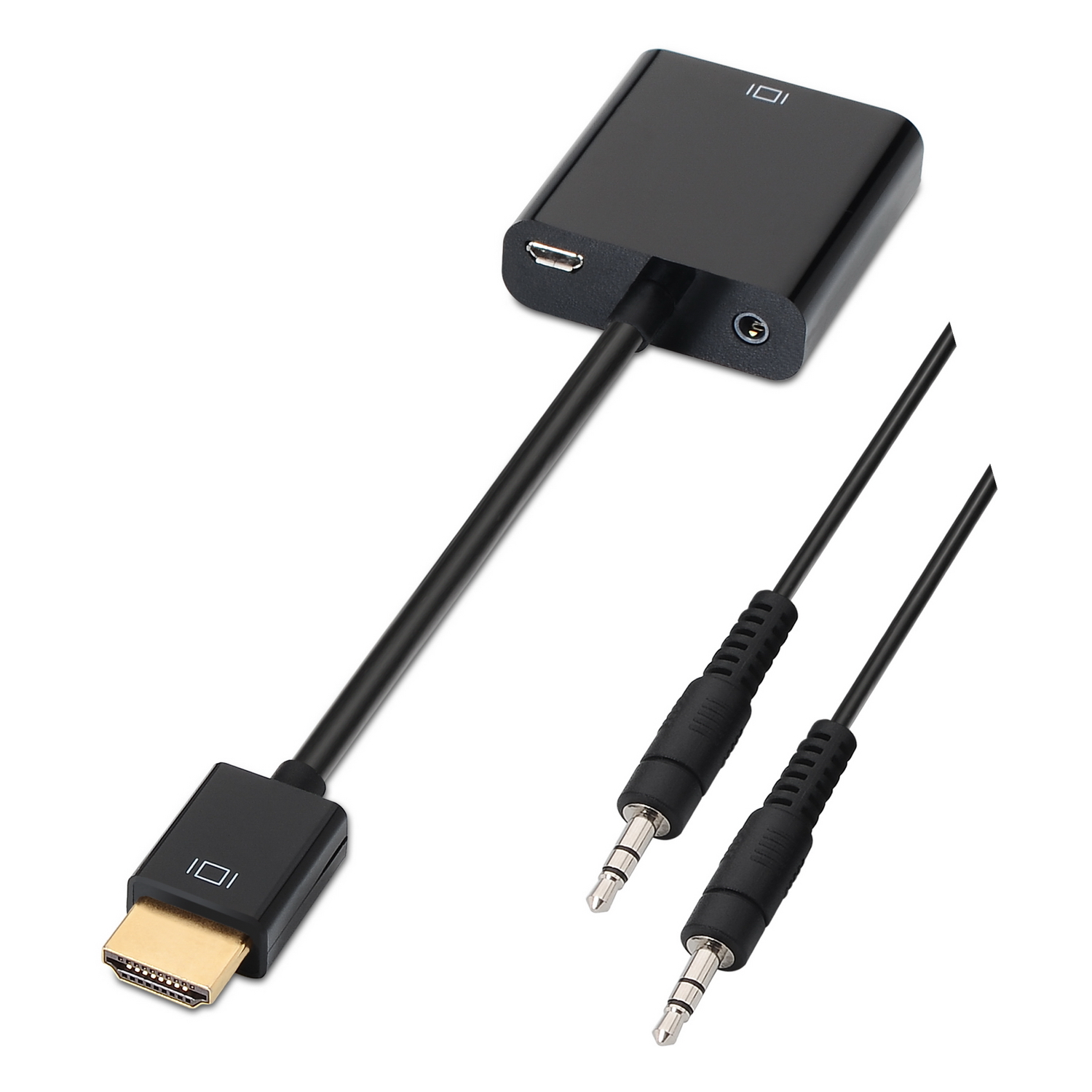 Adaptador HDMI negro con un cable negro conectado a HDMI y cables aux sobre un fondo blanco.