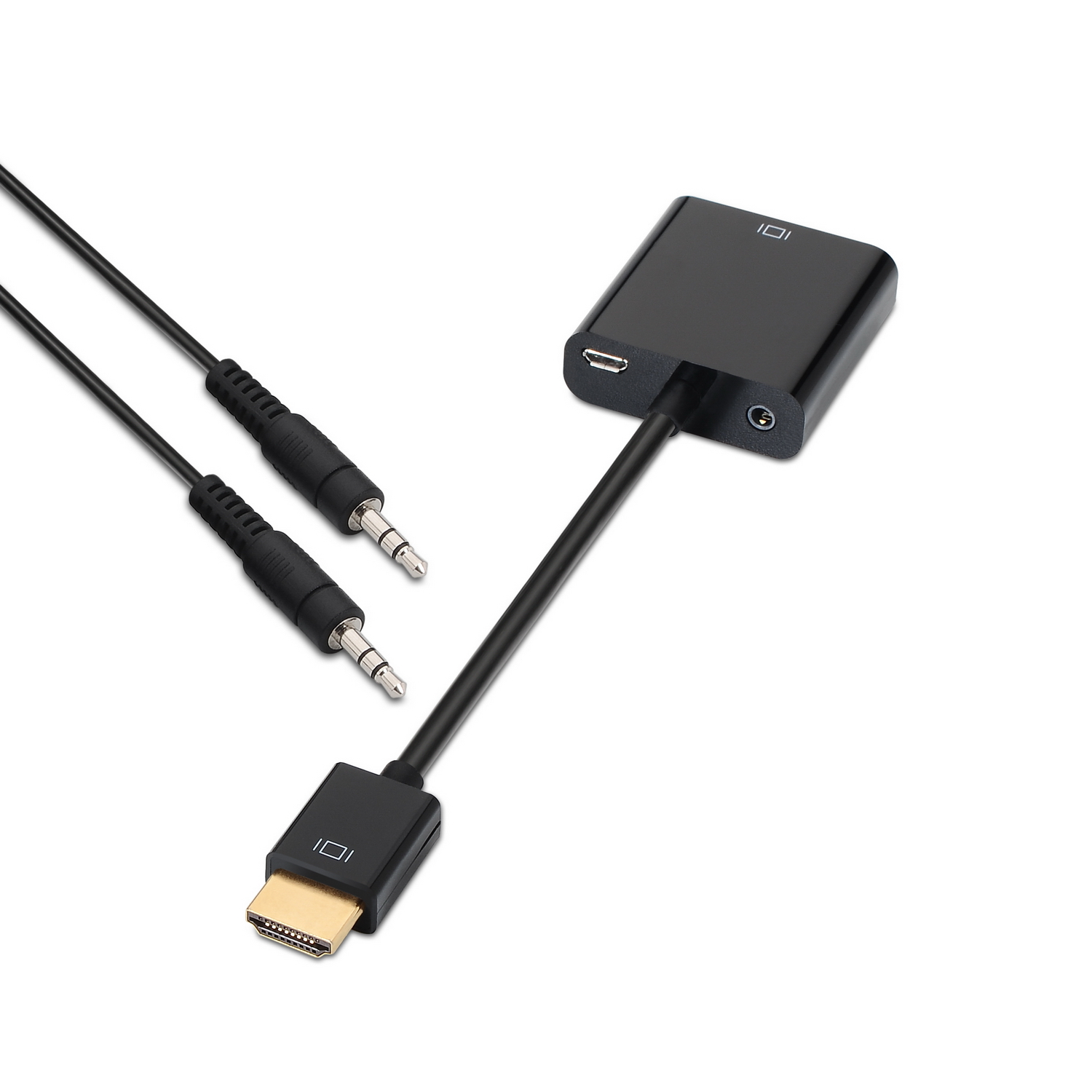 Adaptador negro con conectores HDMI y audio, con dos cables de audio y un cable HDMI.