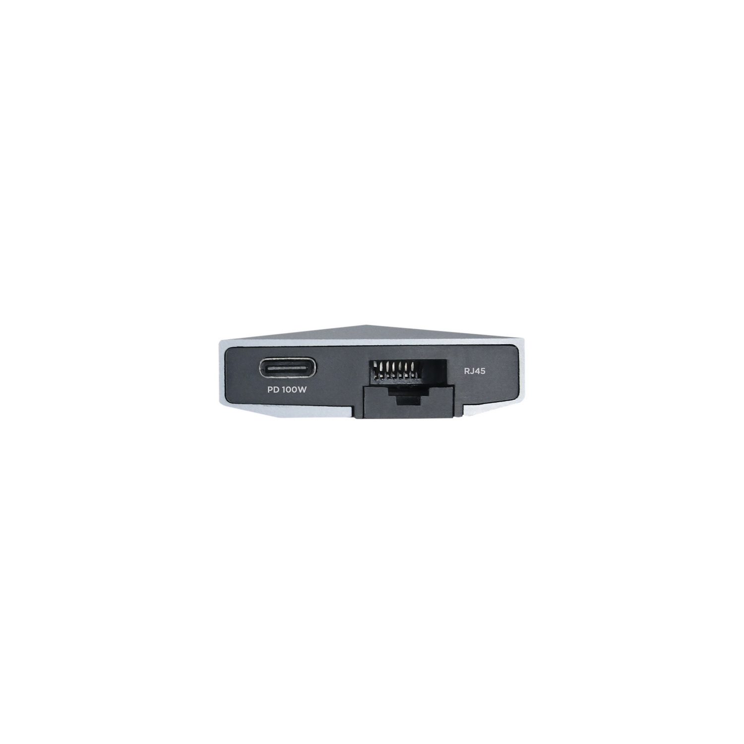 Un dispositivo con múltiples puertos, incluyendo RJ45 y USB-C, sobre una superficie blanca.