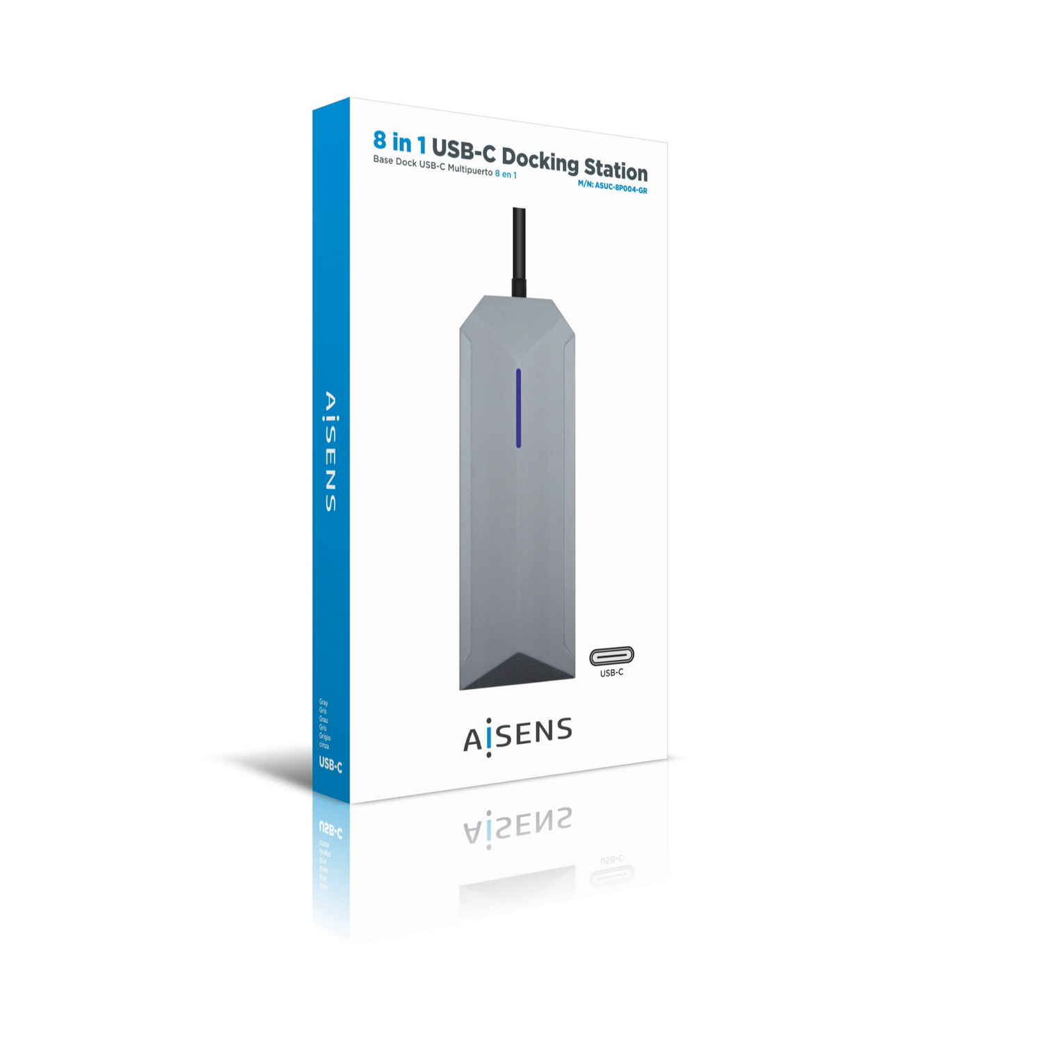 Caja blanca con texto azul y gris, un dispositivo plateado y el logo USB-C sobre fondo blanco.