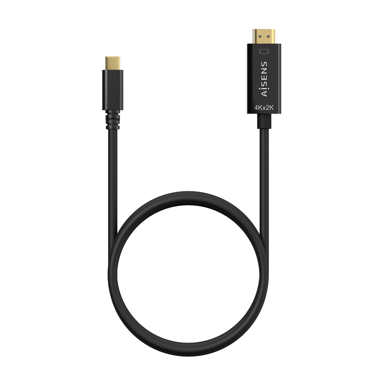 Cable negro de USB-C a HDMI, con el logo de AiSens, sobre un fondo blanco.