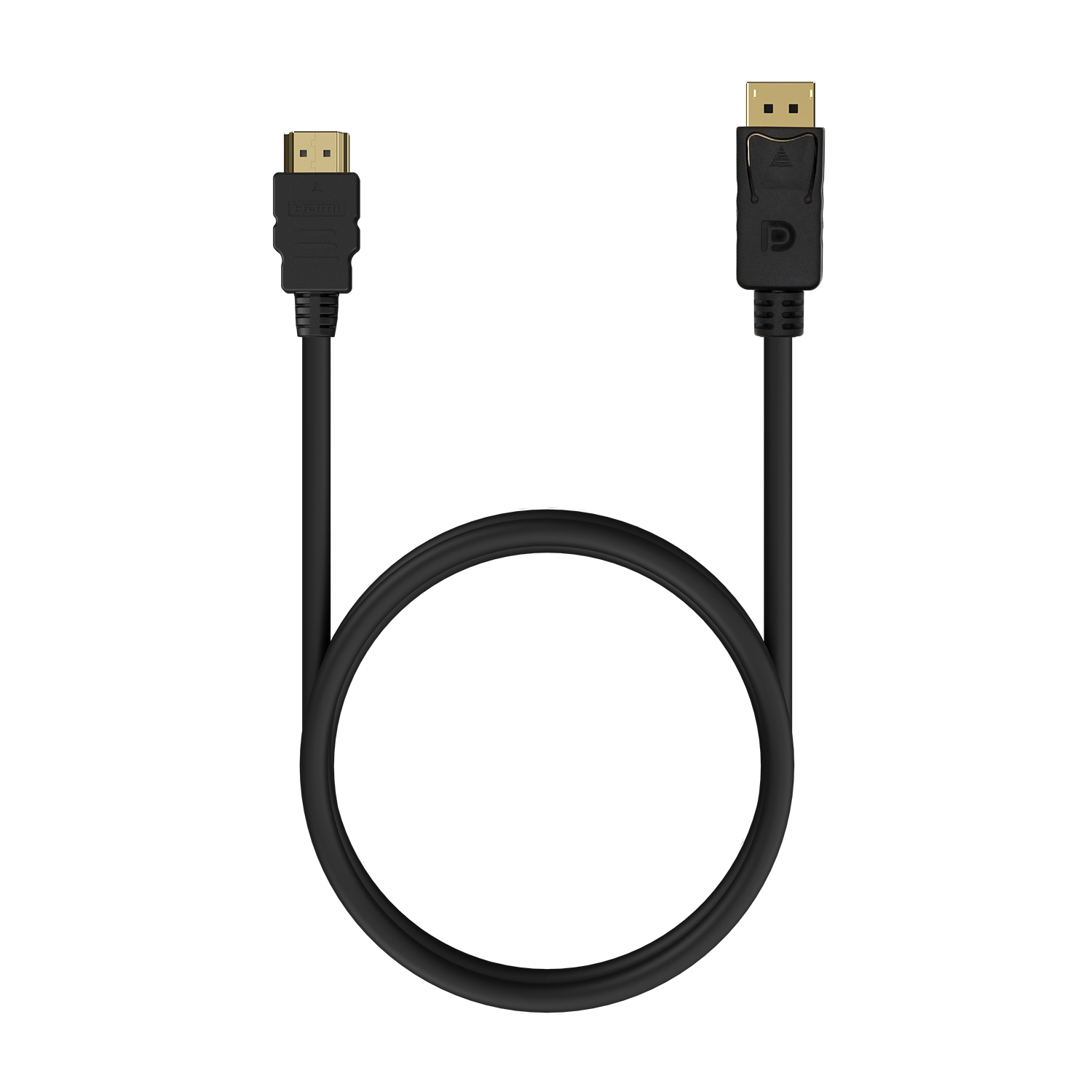 Cable negro con conectores HDMI y DisplayPort sobre una superficie blanca.