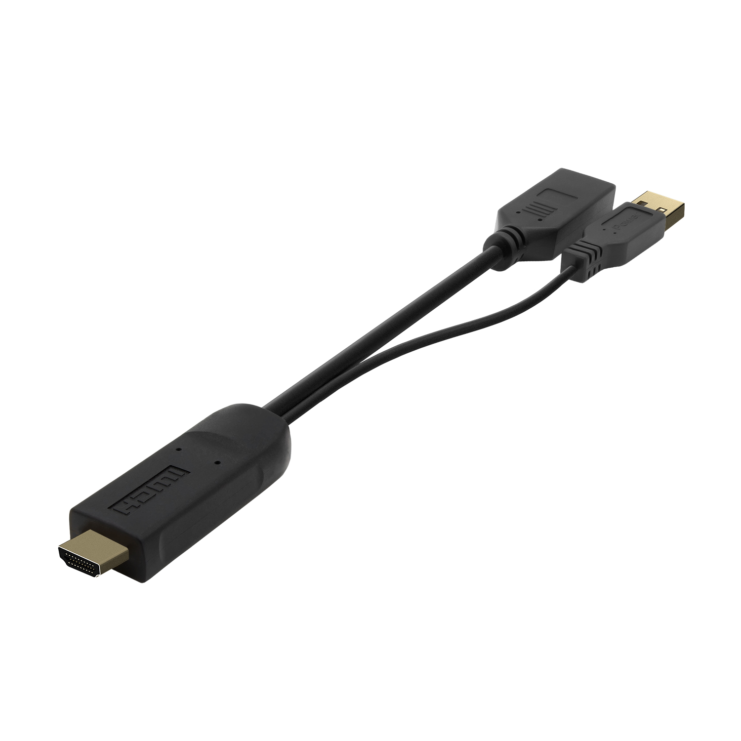 Adattatore da HDMI a USB-A e USB-B nero. Cavo nero con connettori HDMI, USB-A e USB-B. Sfondo bianco.
