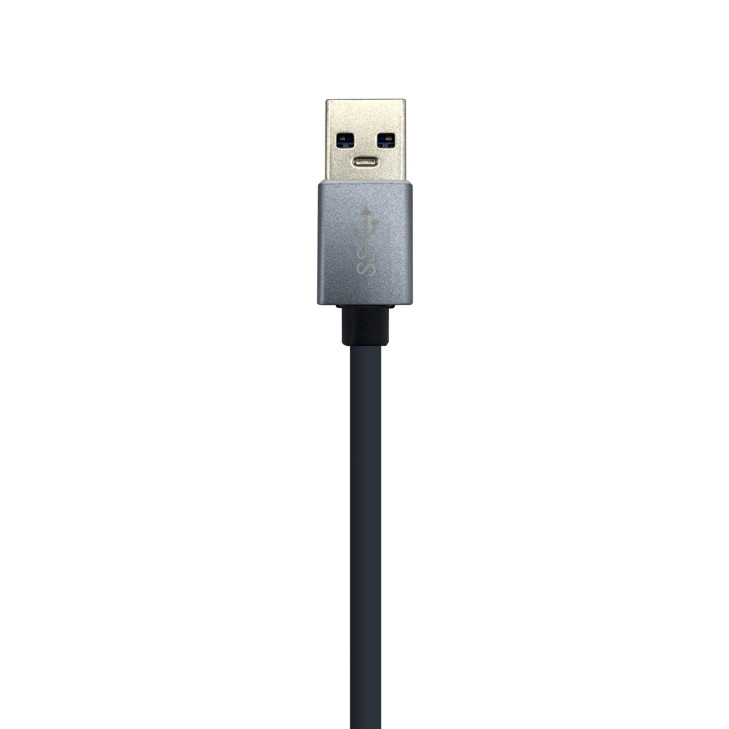 Un cable USB con un conector plateado y un cable negro.