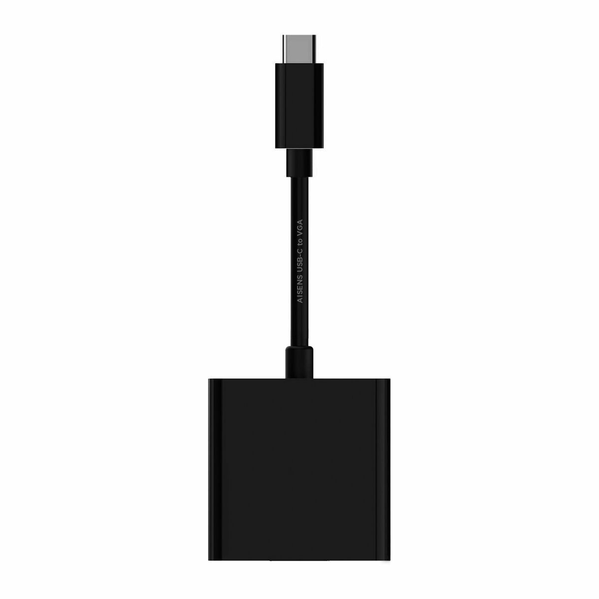 Un adaptador negro USB-C a VGA. El adaptador está sobre un fondo blanco.