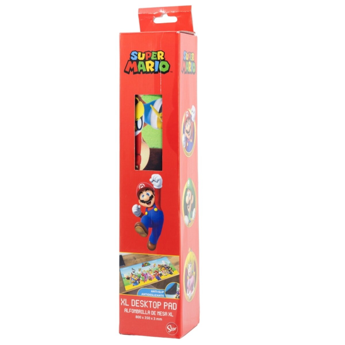 Un escritorio Super Mario en una caja roja. La imagen de Mario está en la caja.