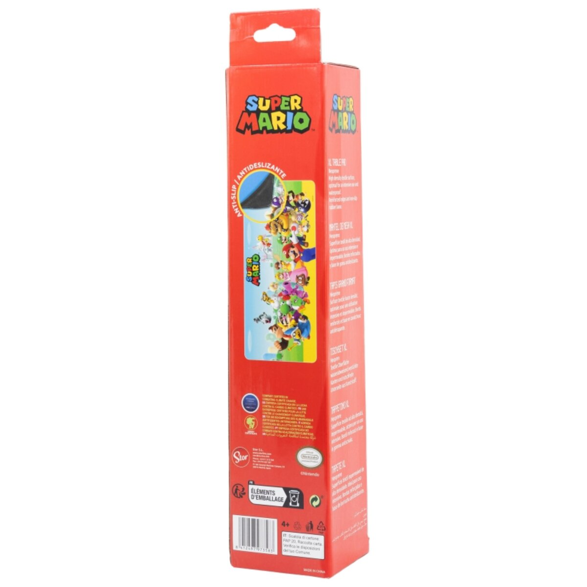 Caja rectangular roja con gráficos y texto de Super Mario. Tiene un fondo blanco. Vista lateral.