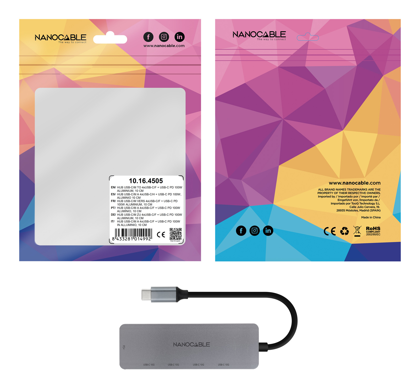 Dos lados de una caja de producto con texto y un concentrador USB-C. Fondo blanco.