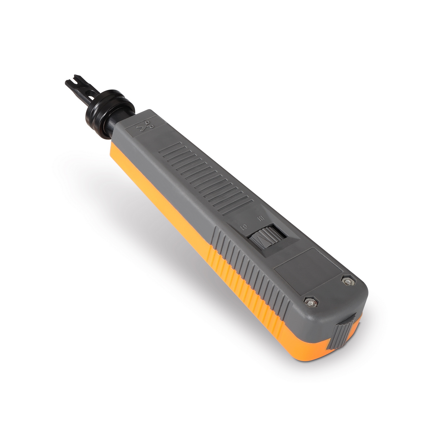 Una herramienta de perforación gris y naranja. La herramienta está sobre una superficie blanca.