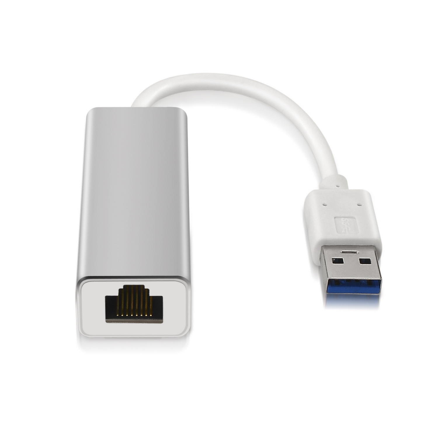 Un adaptador USB a Ethernet plateado con un cable blanco, aislado sobre un fondo blanco.